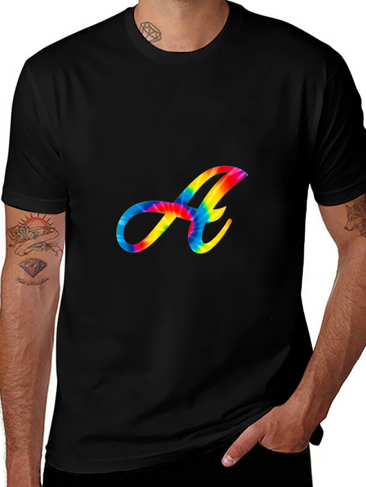 Rainbow Tie-Dye Letter A Graphic Black T-Shirt
