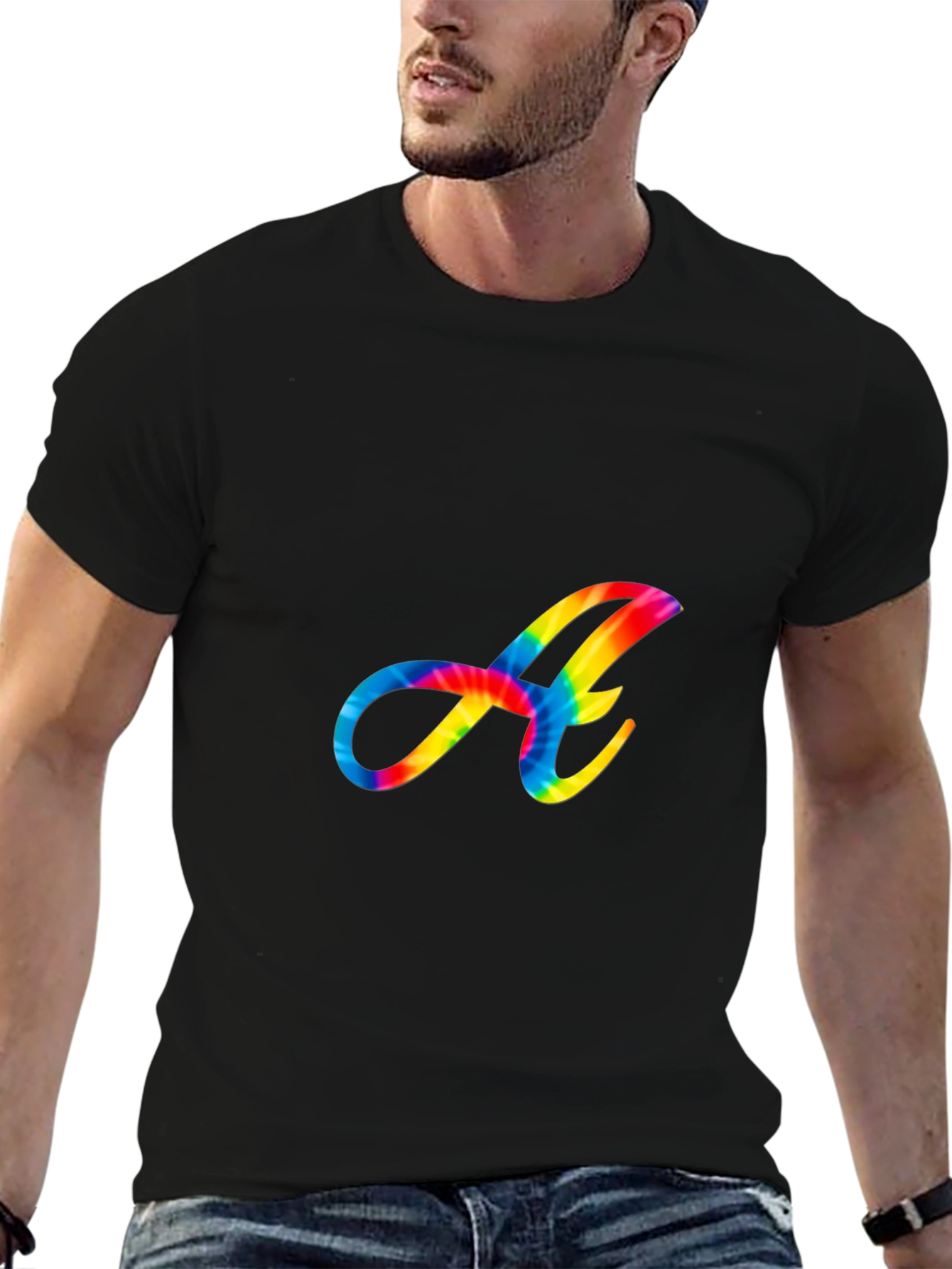 Rainbow Tie-Dye Letter A Graphic Black T-Shirt
