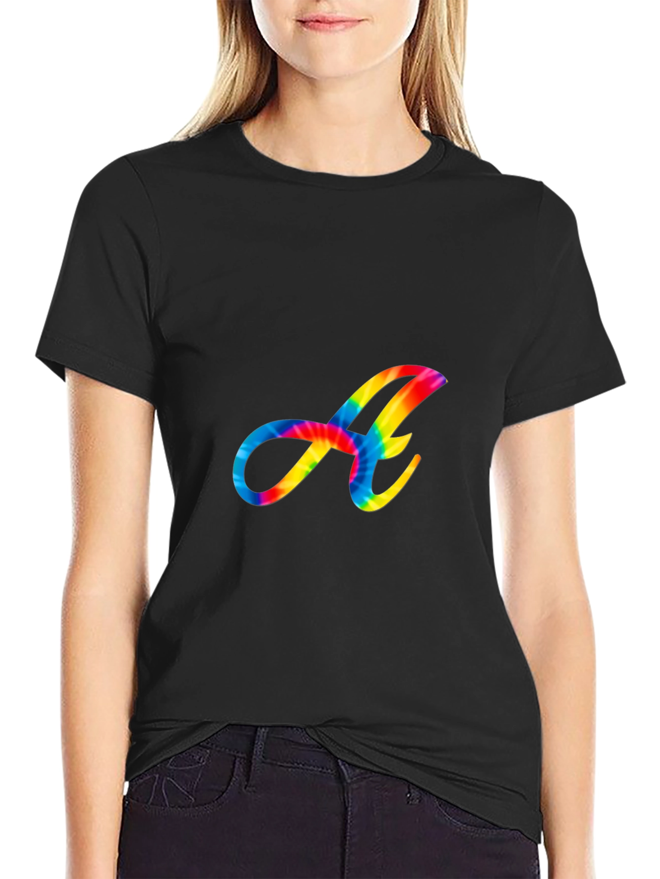 Rainbow Tie-Dye Letter A Graphic Black T-Shirt