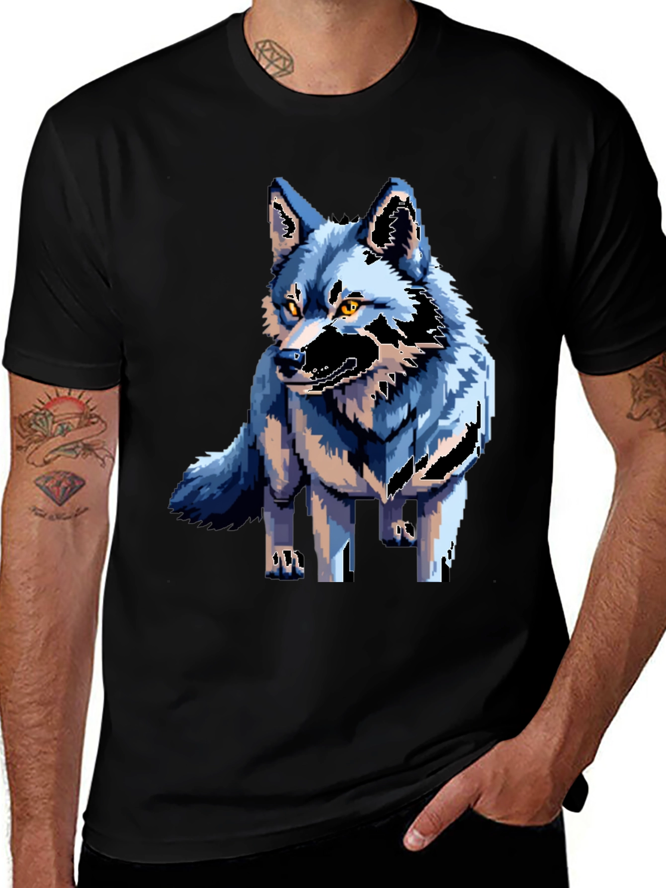 Pixel Art Wolf Graphic Tee - Black