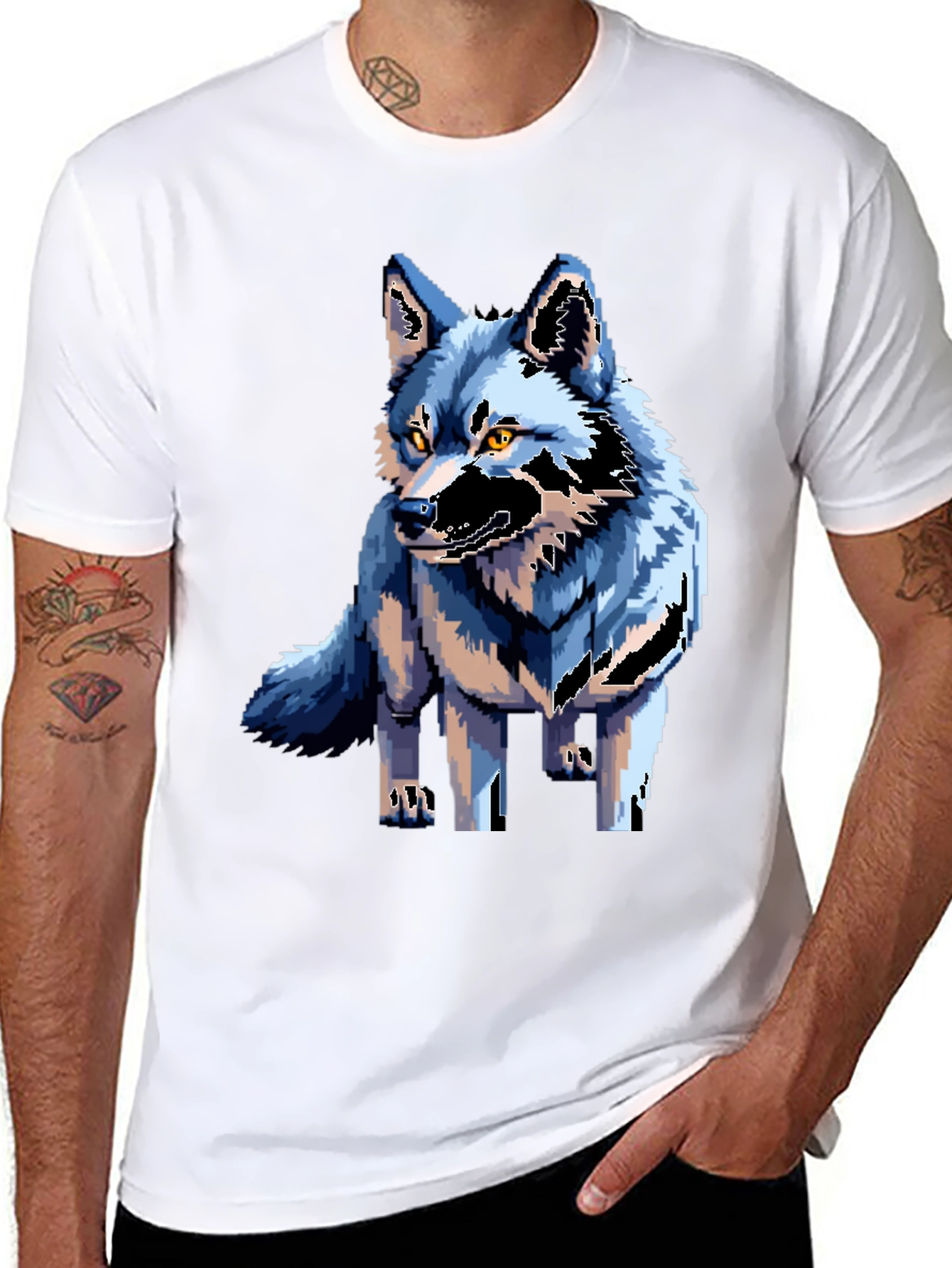 Pixel Art Wolf Graphic Tee - Black