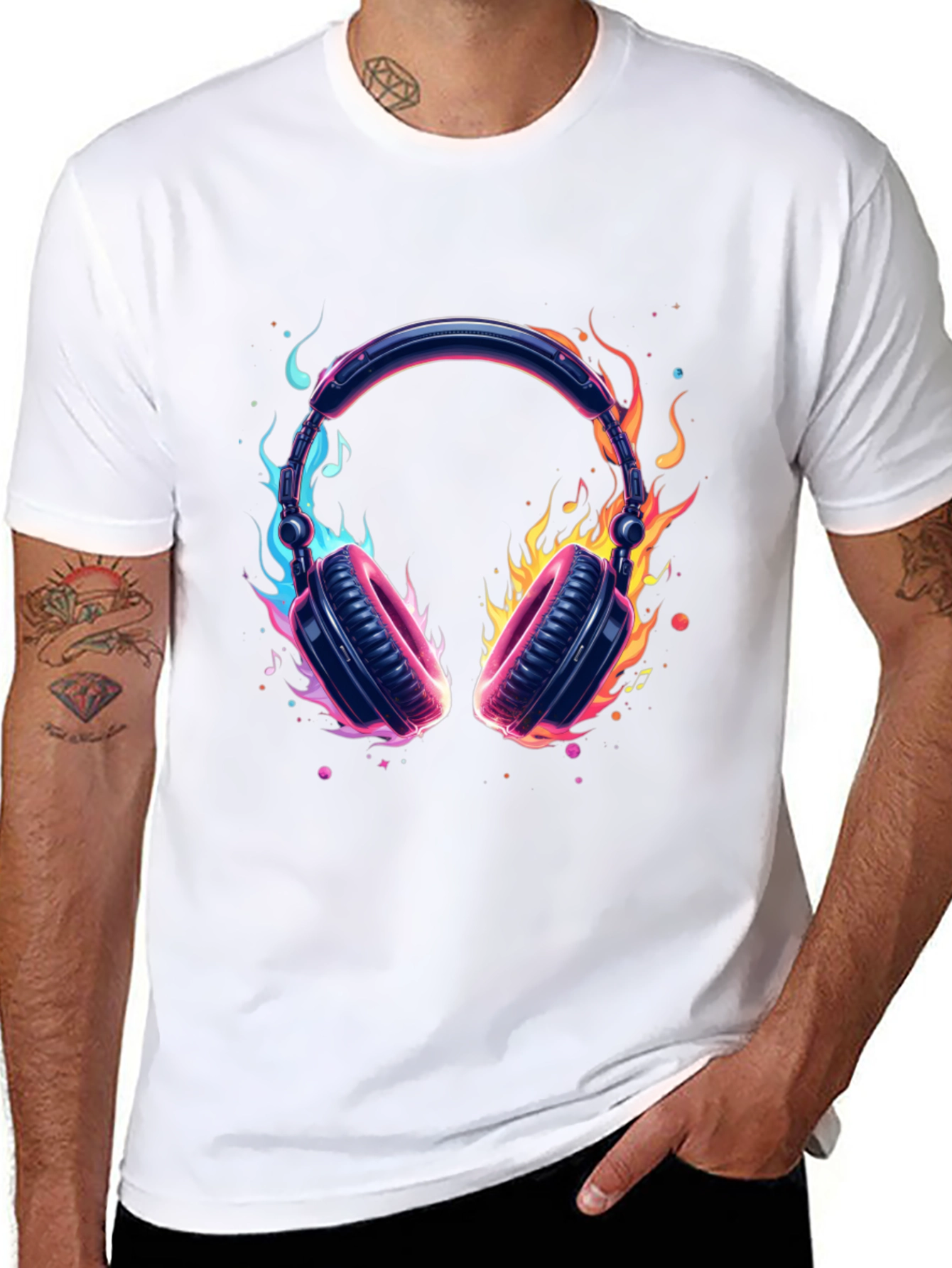 Fiery Headphones Graphic Black T-Shirt