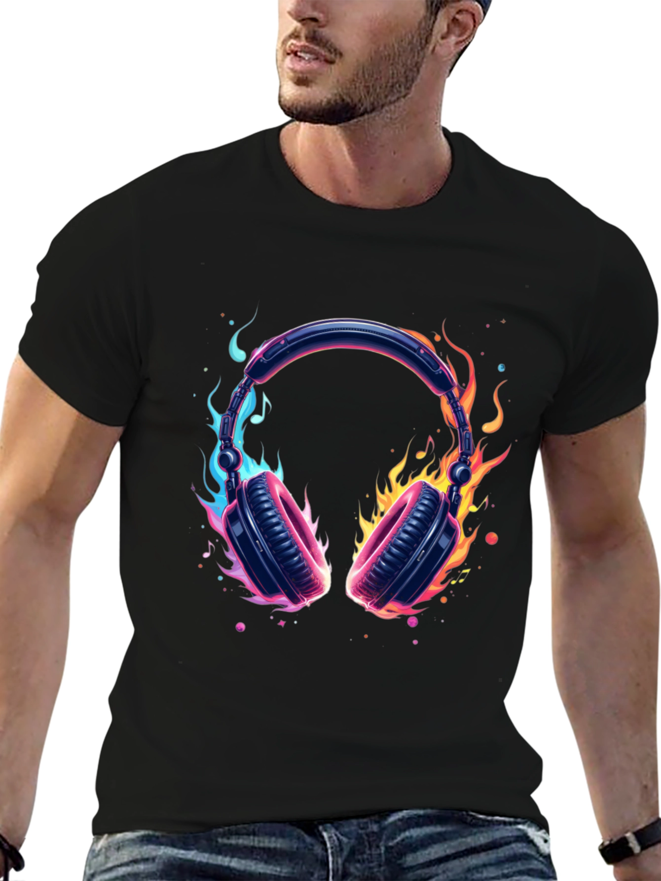 Fiery Headphones Graphic Black T-Shirt