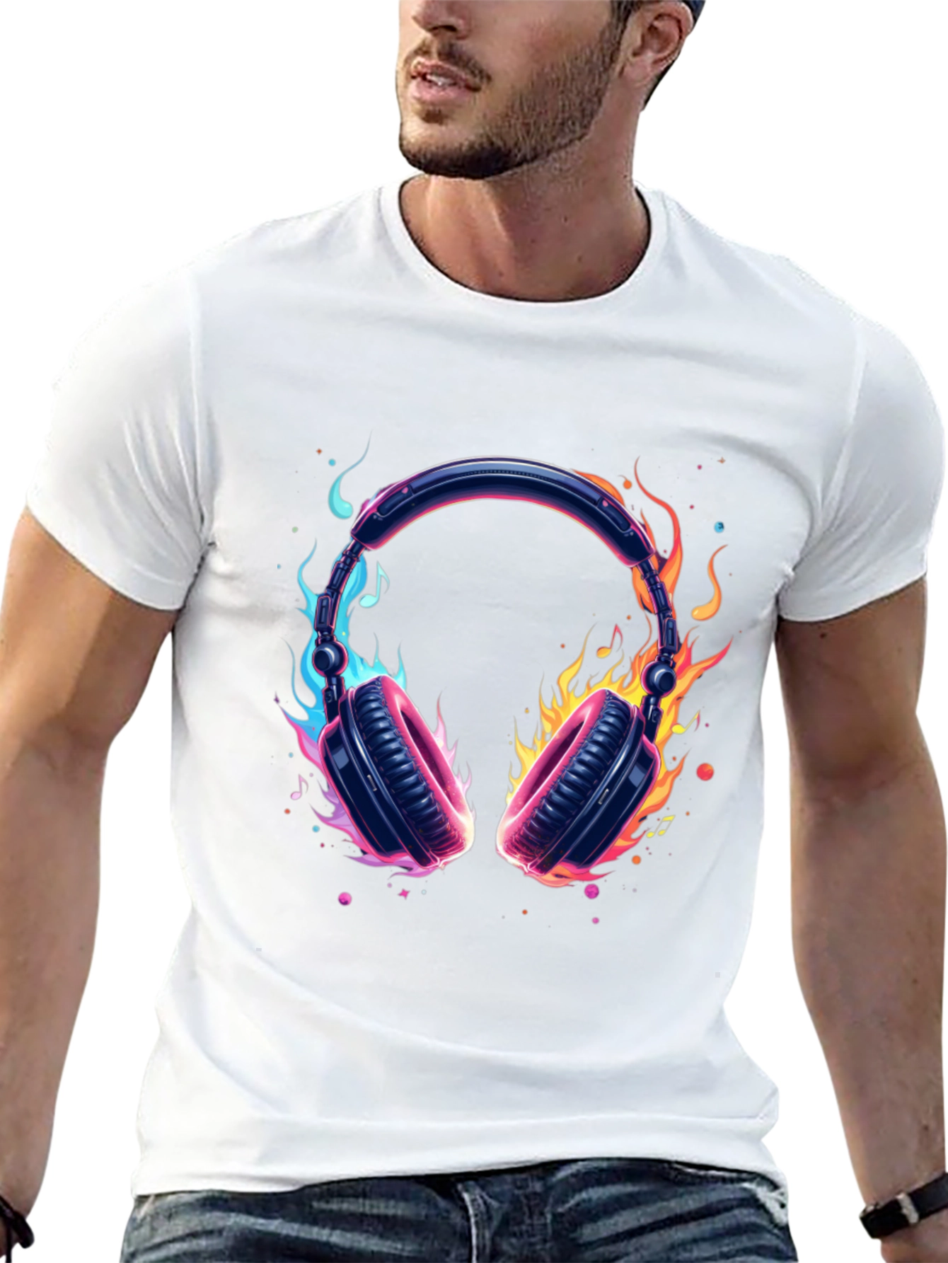 Fiery Headphones Graphic Black T-Shirt