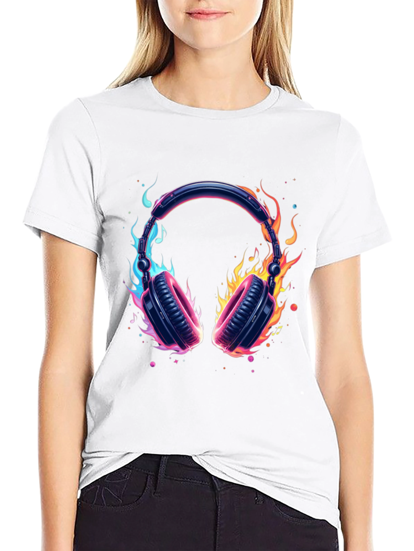 Fiery Headphones Graphic Black T-Shirt