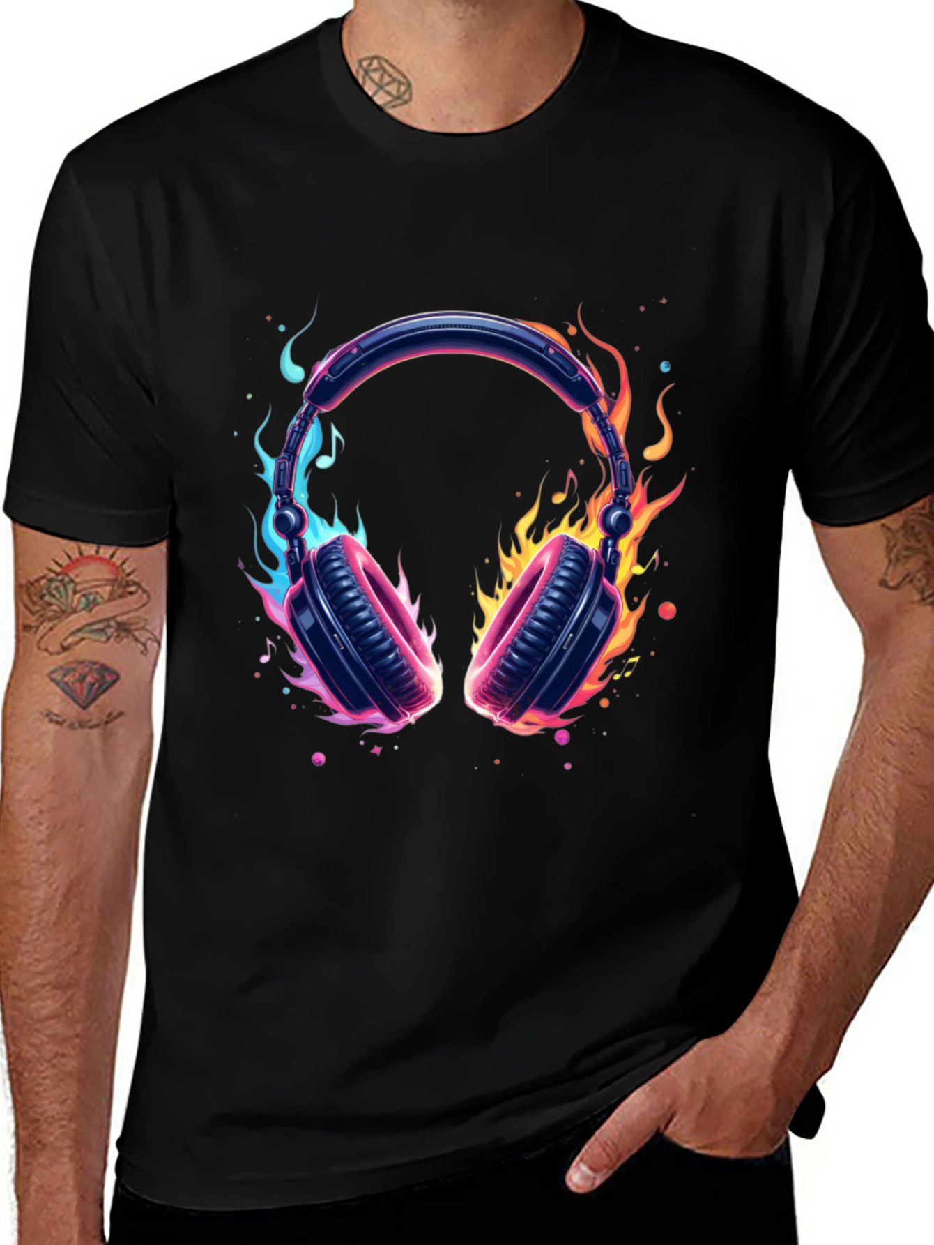 Fiery Headphones Graphic Black T-Shirt