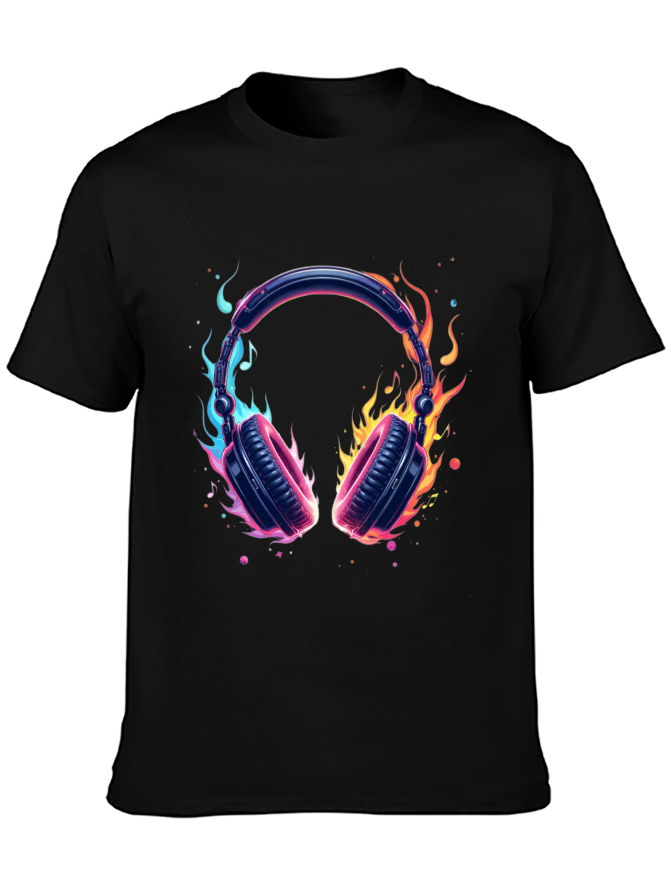 Fiery Headphones Graphic Black T-Shirt