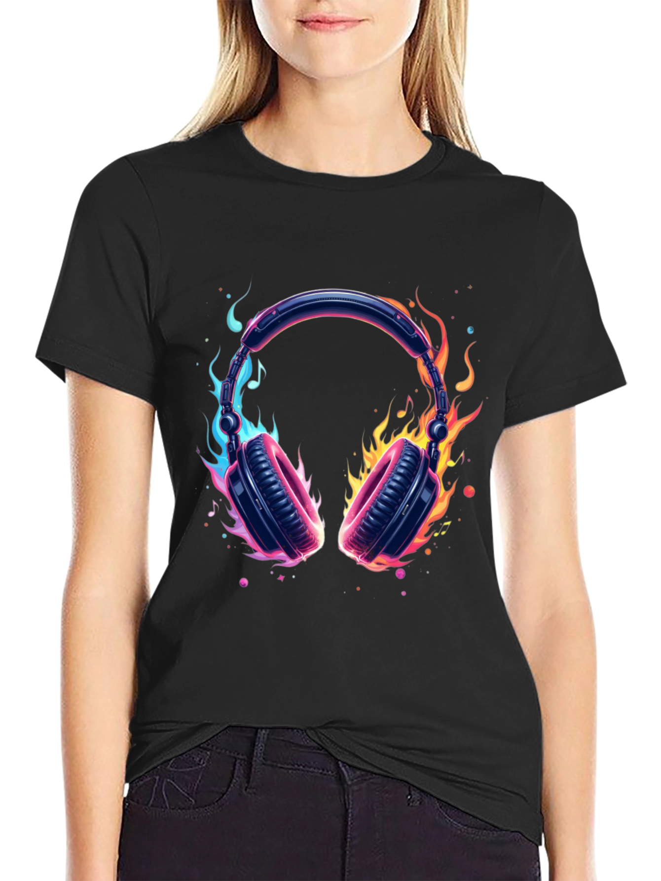 Fiery Headphones Graphic Black T-Shirt