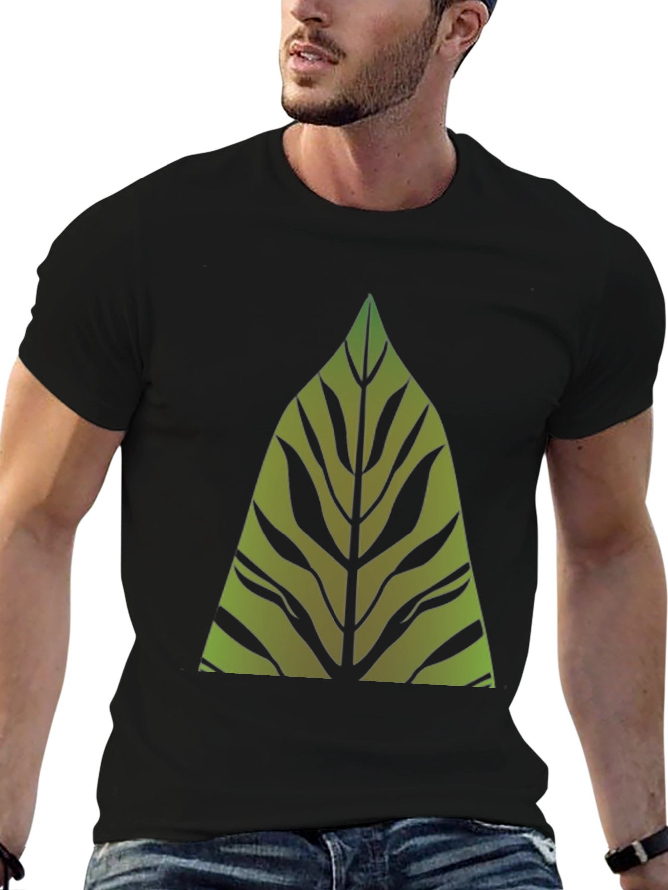 Green Leaf Graphic Print Black T-Shirt