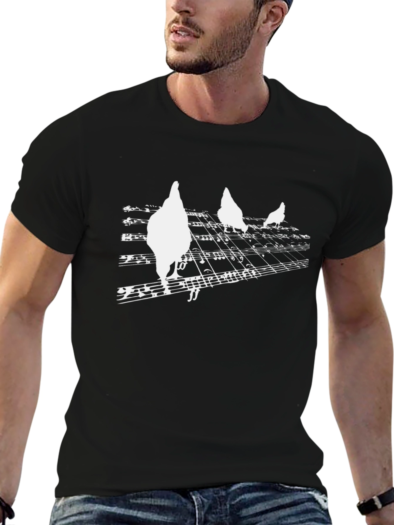 Chicken Music Note Graphic T-Shirt - Black