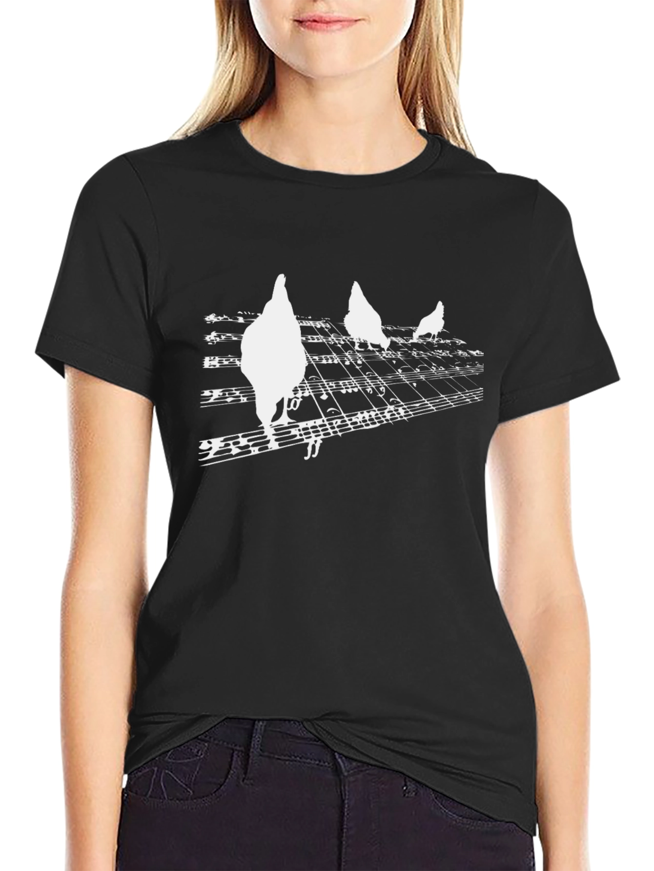 Chicken Music Note Graphic T-Shirt - Black