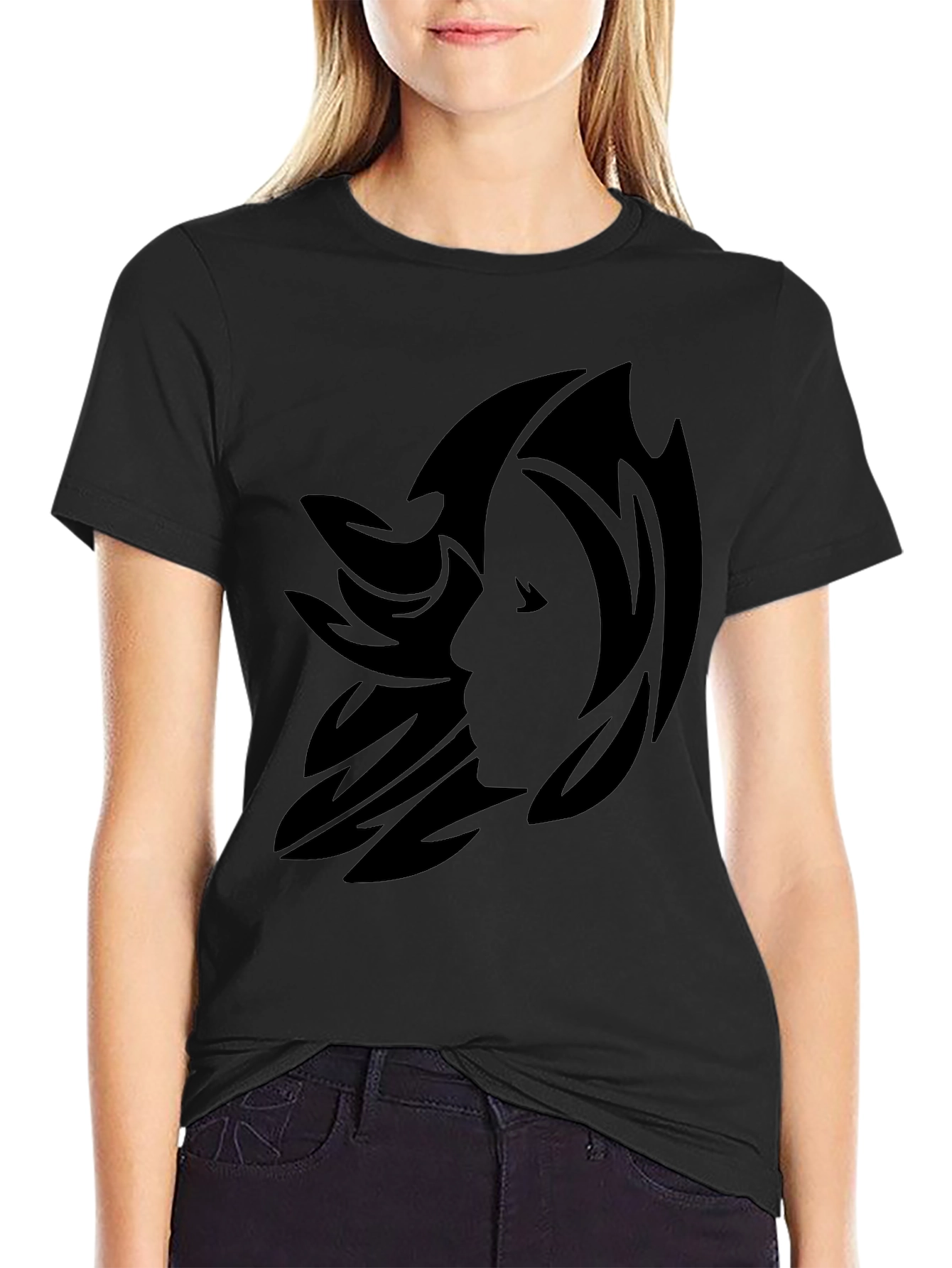 Stylish Black Graphic Tee - Abstract Face Design