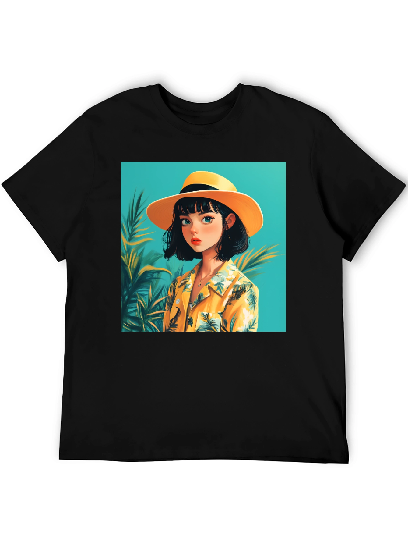 Tropical Anime Girl Black T-Shirt