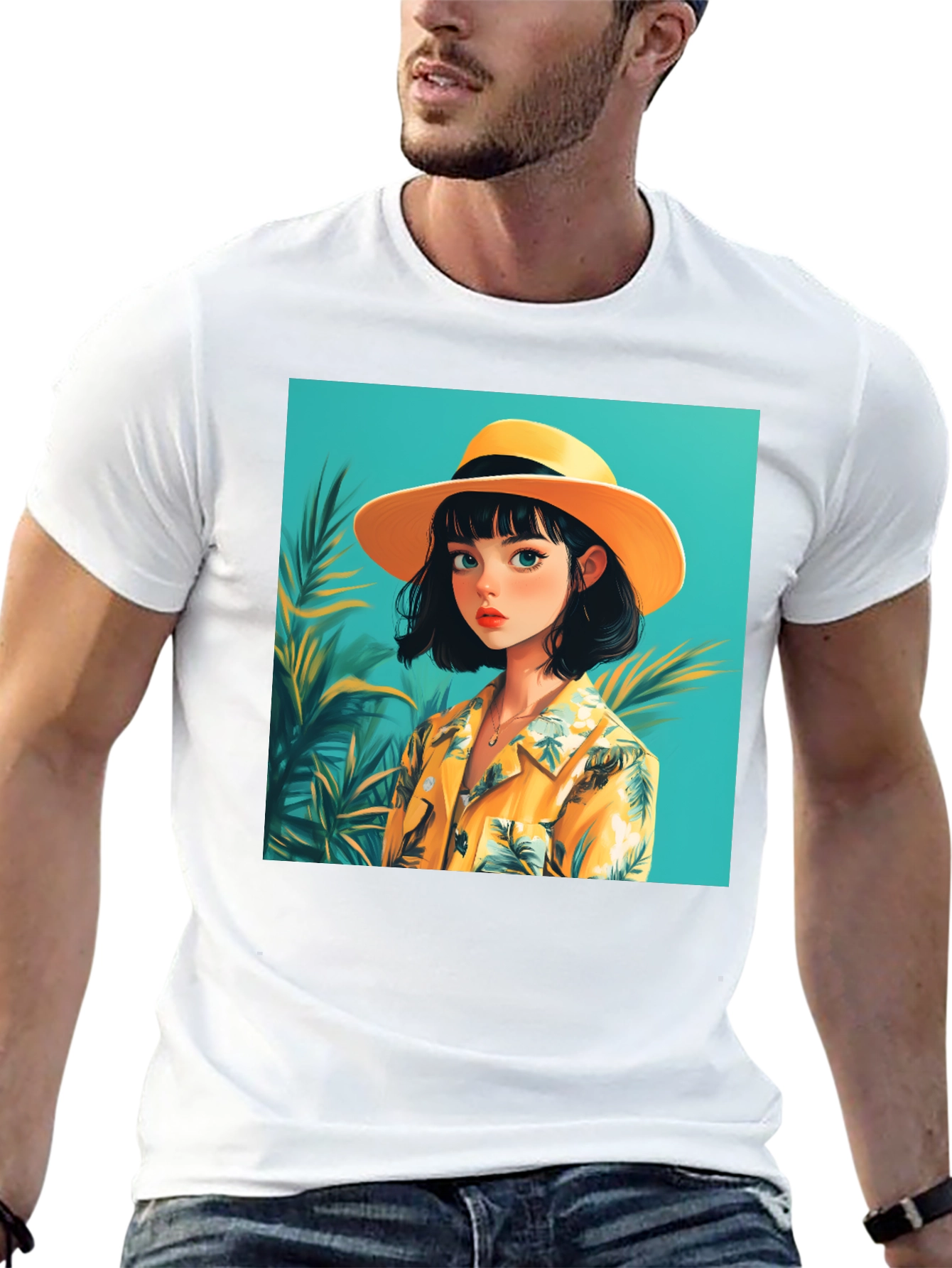 Tropical Anime Girl Black T-Shirt