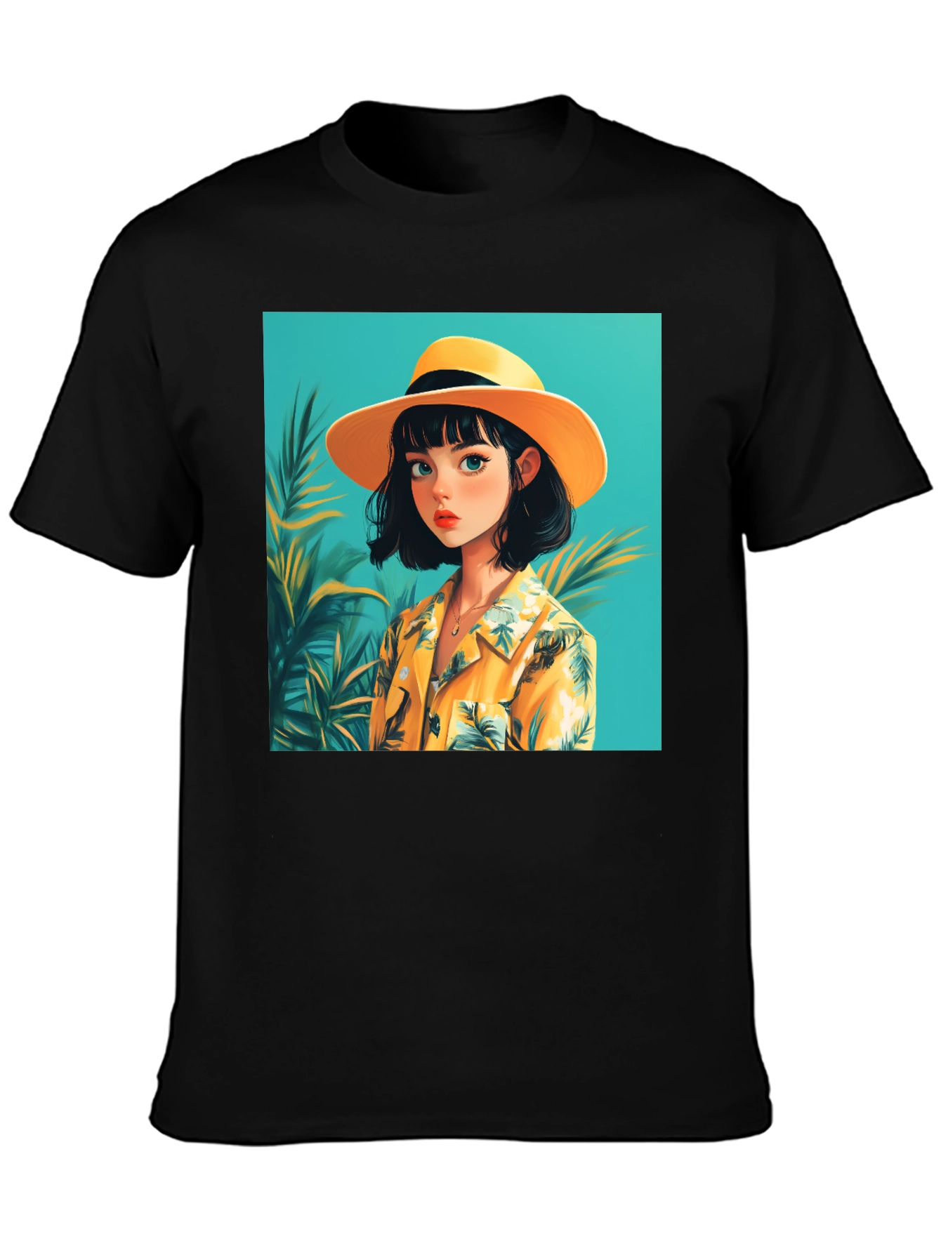 Tropical Anime Girl Black T-Shirt