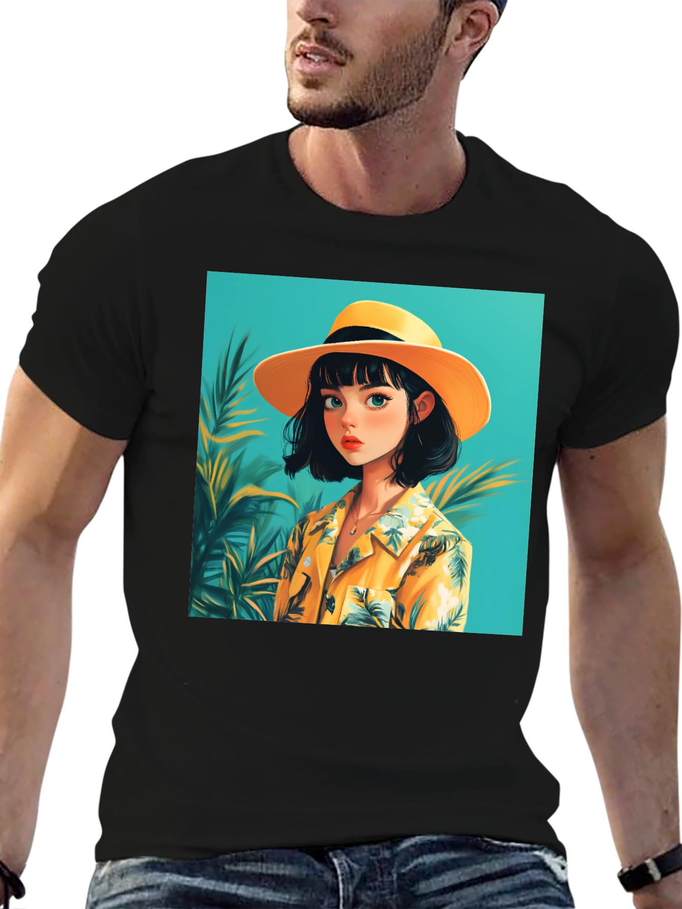 Tropical Anime Girl Black T-Shirt