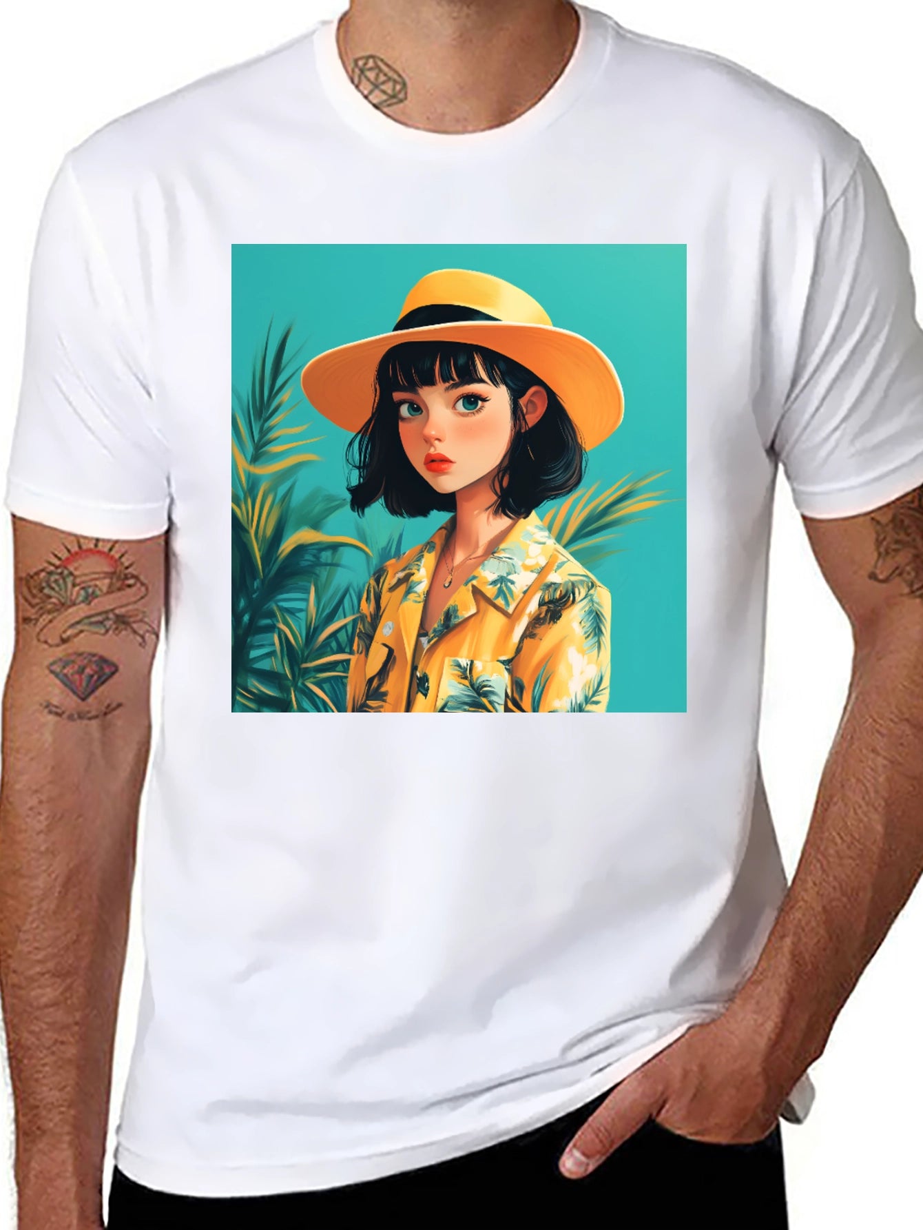 Tropical Anime Girl Black T-Shirt