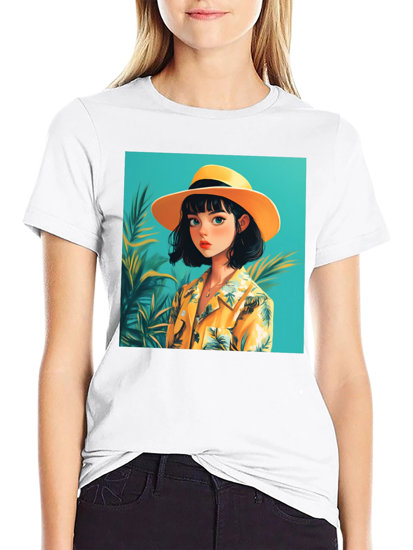 Tropical Anime Girl Black T-Shirt