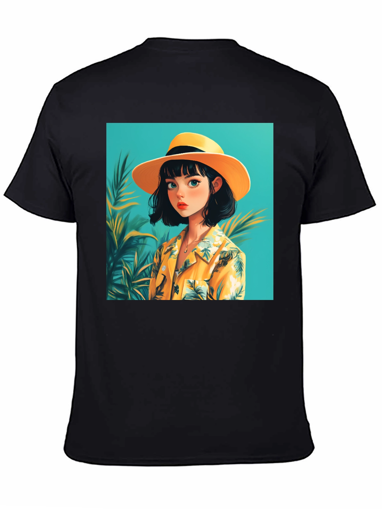 Tropical Anime Girl Black T-Shirt