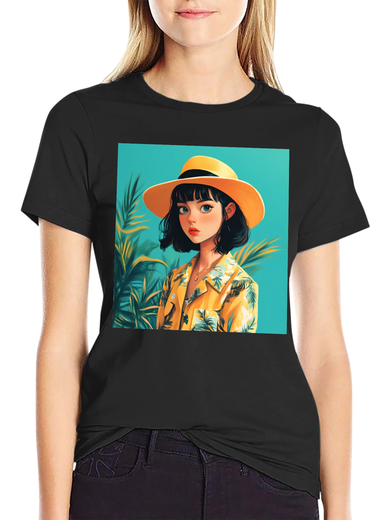 Tropical Anime Girl Black T-Shirt
