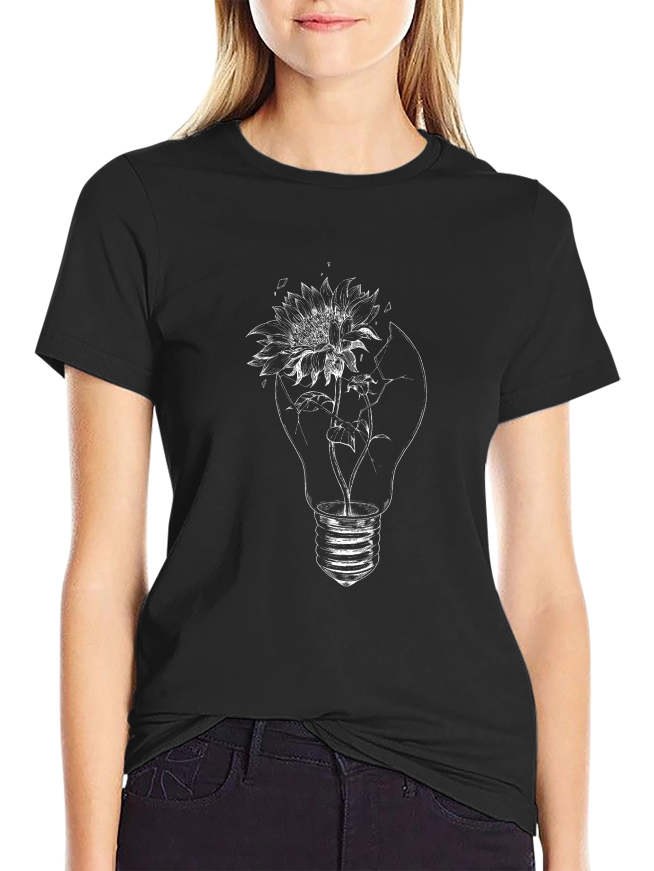 Black T-Shirt with Lightbulb Flower Graphic