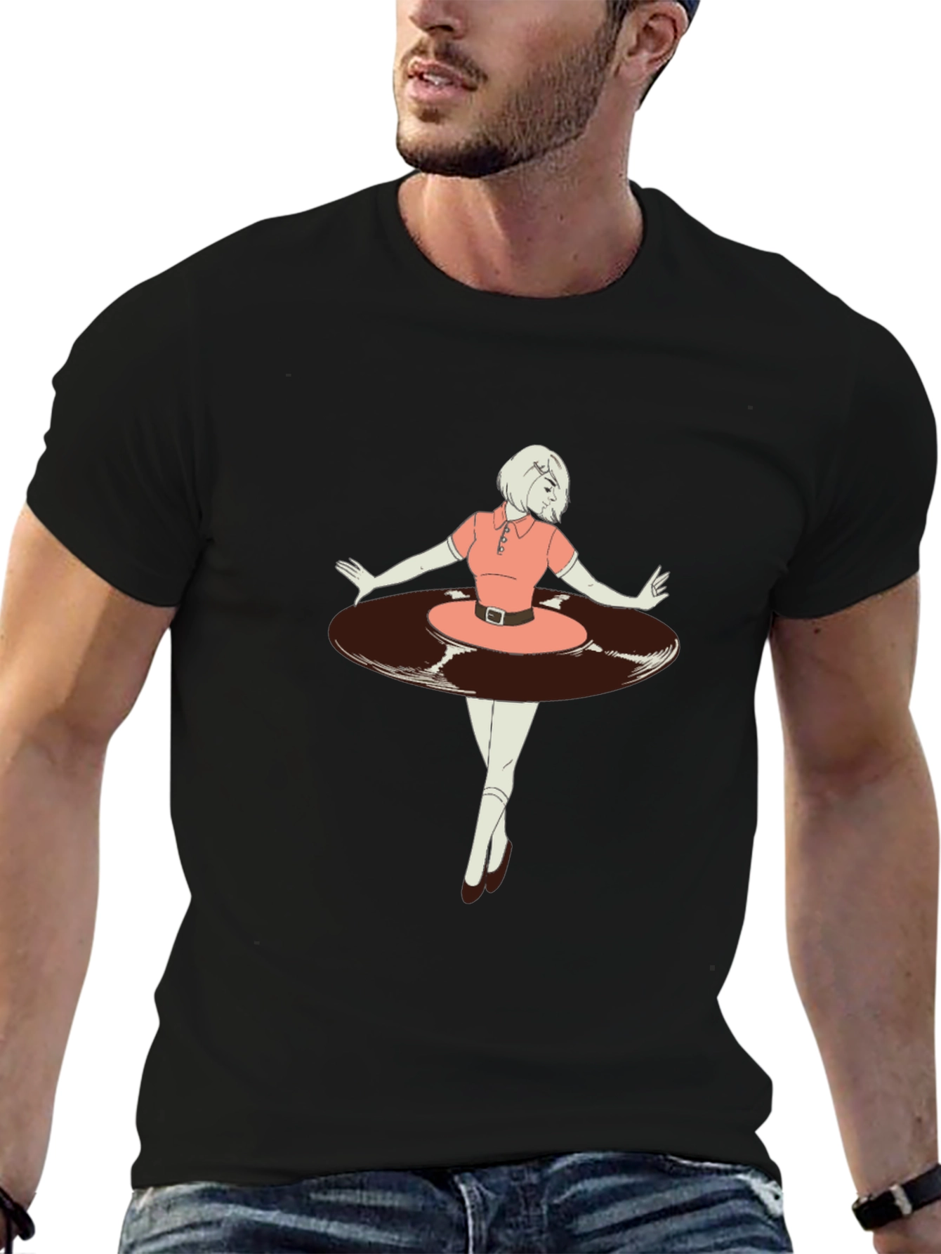 Retro Vinyl Girl Graphic T-Shirt - Black