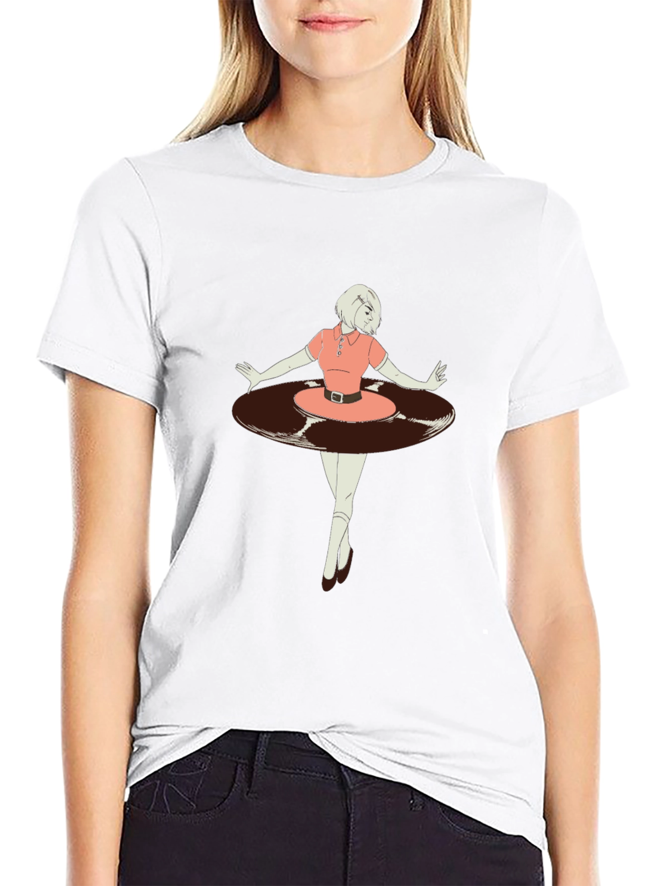 Retro Vinyl Girl Graphic T-Shirt - Black