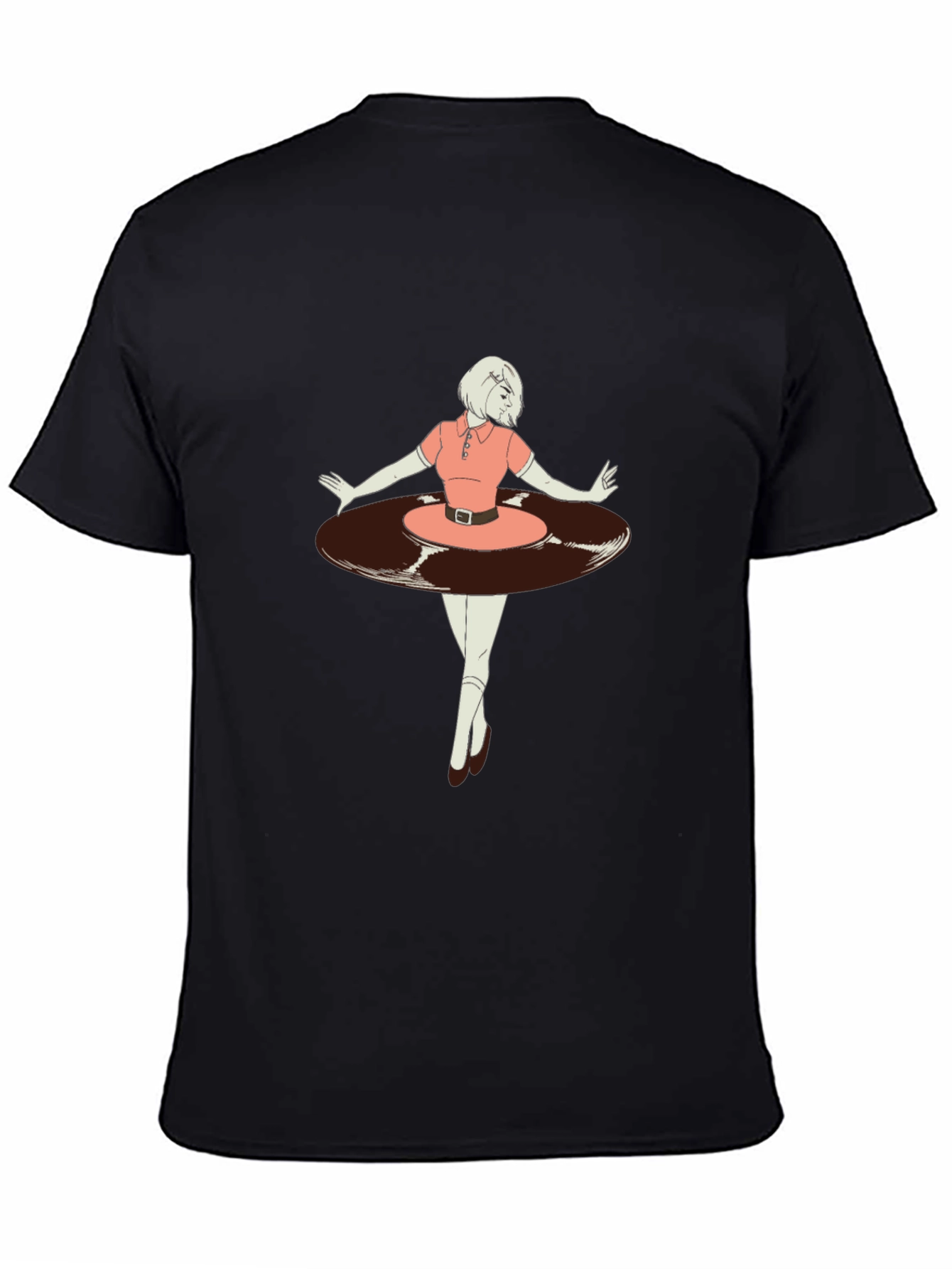 Retro Vinyl Girl Graphic T-Shirt - Black