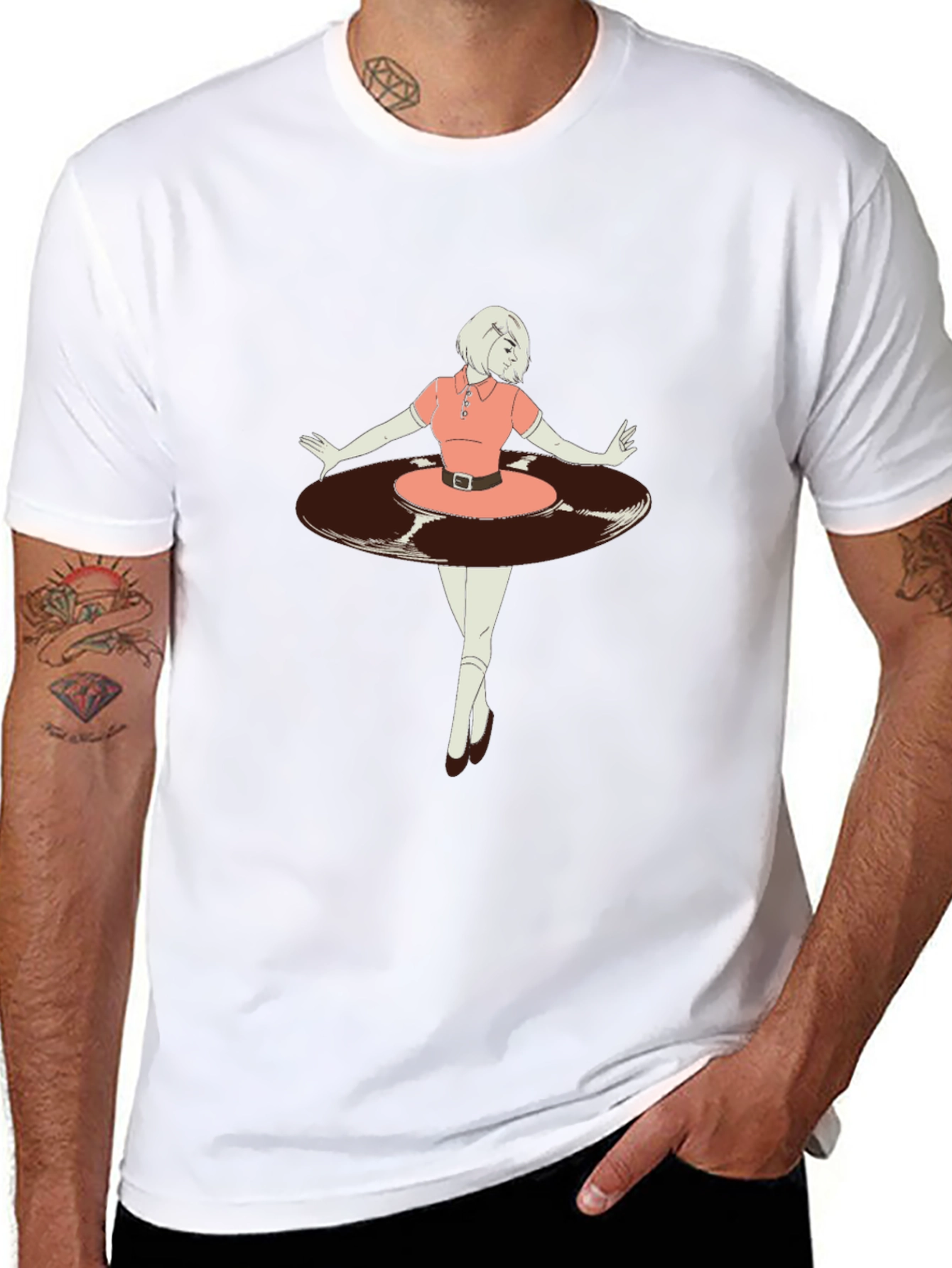 Retro Vinyl Girl Graphic T-Shirt - Black