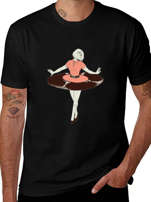 Retro Vinyl Girl Graphic T-Shirt - Black