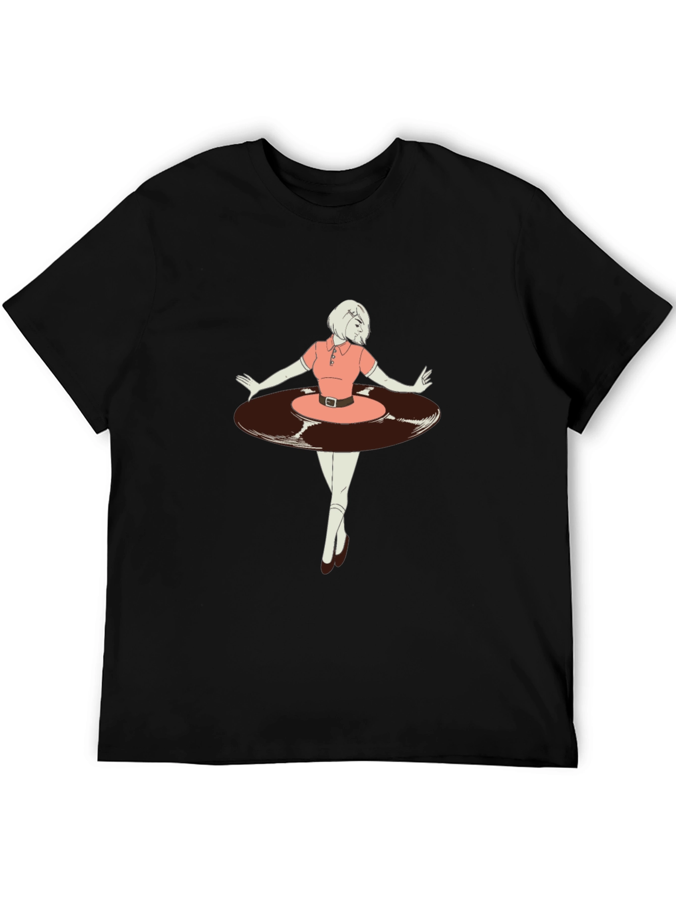 Retro Vinyl Girl Graphic T-Shirt - Black