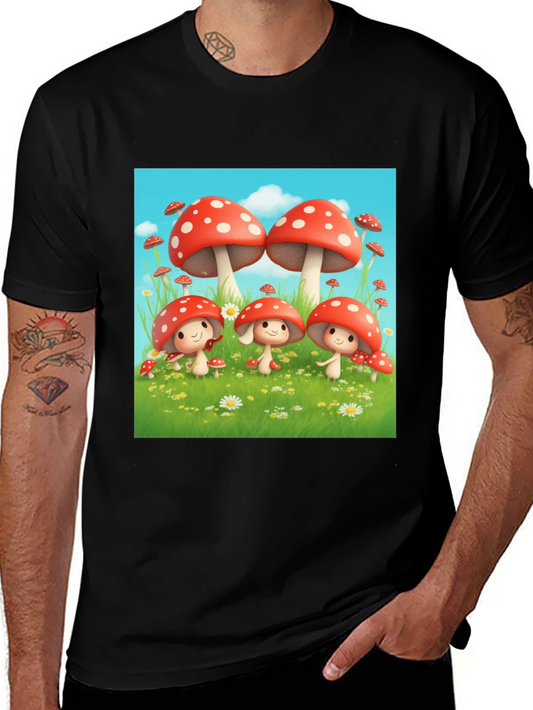 Mushroom Crew Graphic Tee - Black Cotton Shirt