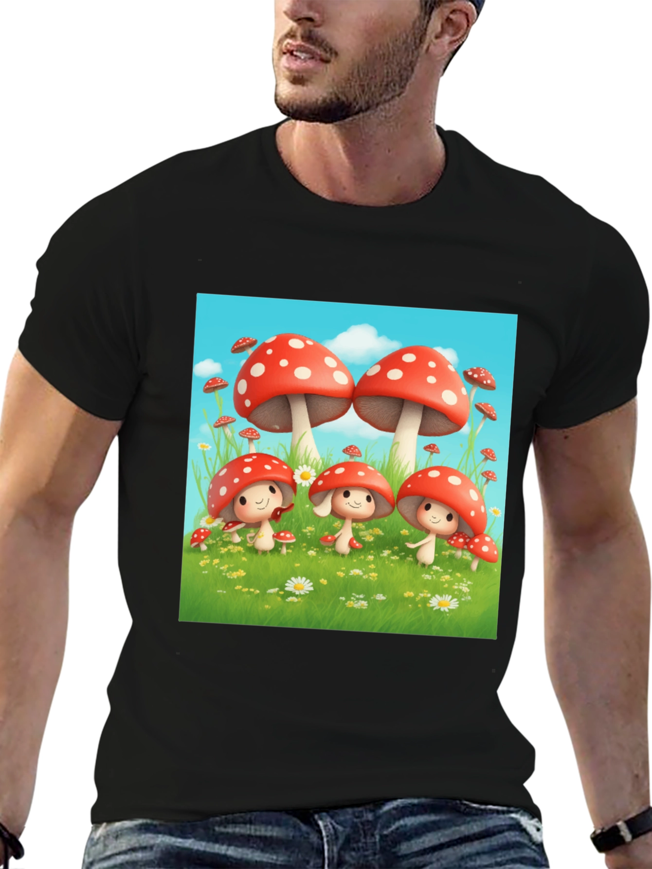 Mushroom Crew Graphic Tee - Black Cotton Shirt