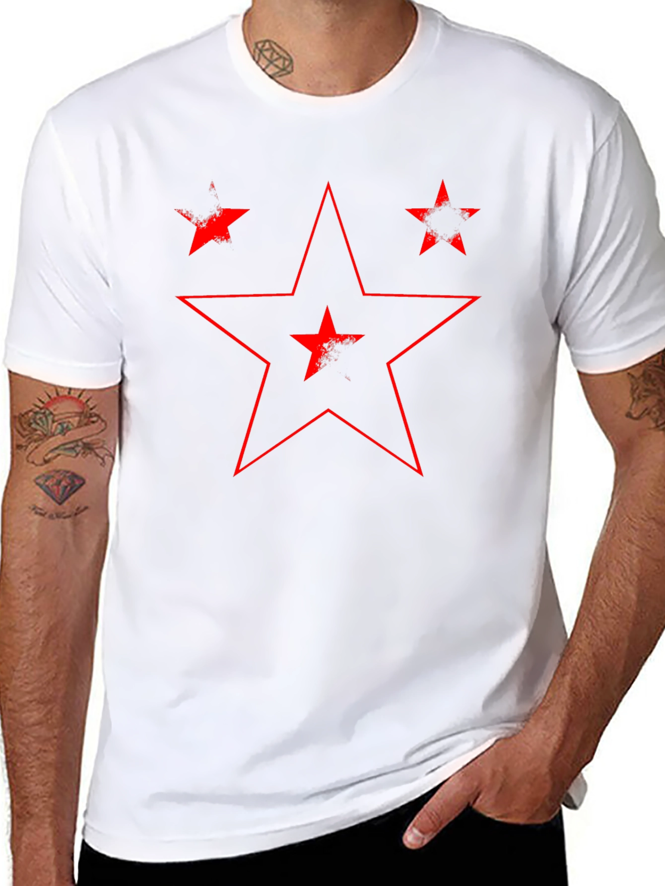 Distressed Red Star Graphic Black T-Shirt