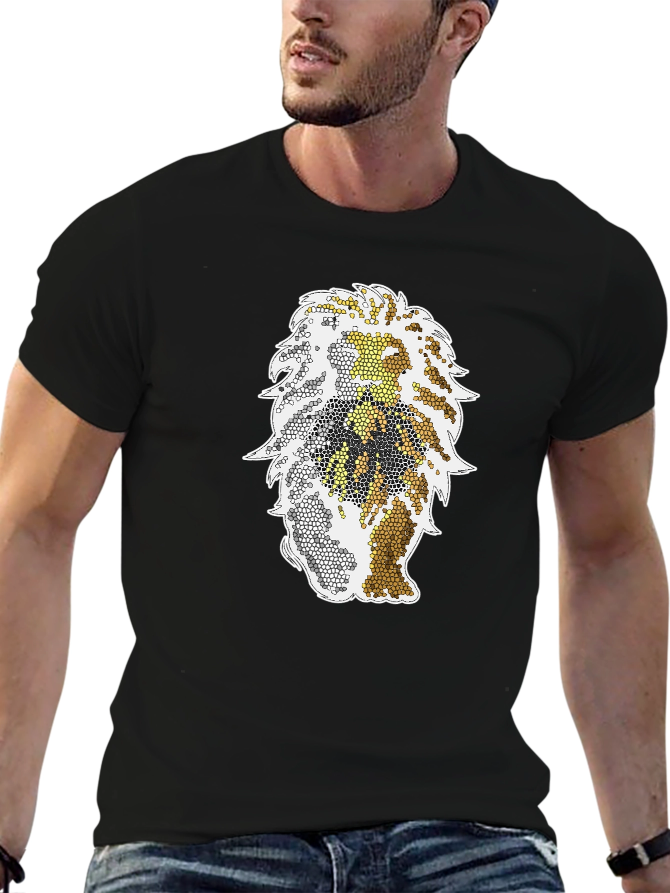 Mosaic Lion Graphic Tee - Stylish Black T-Shirt