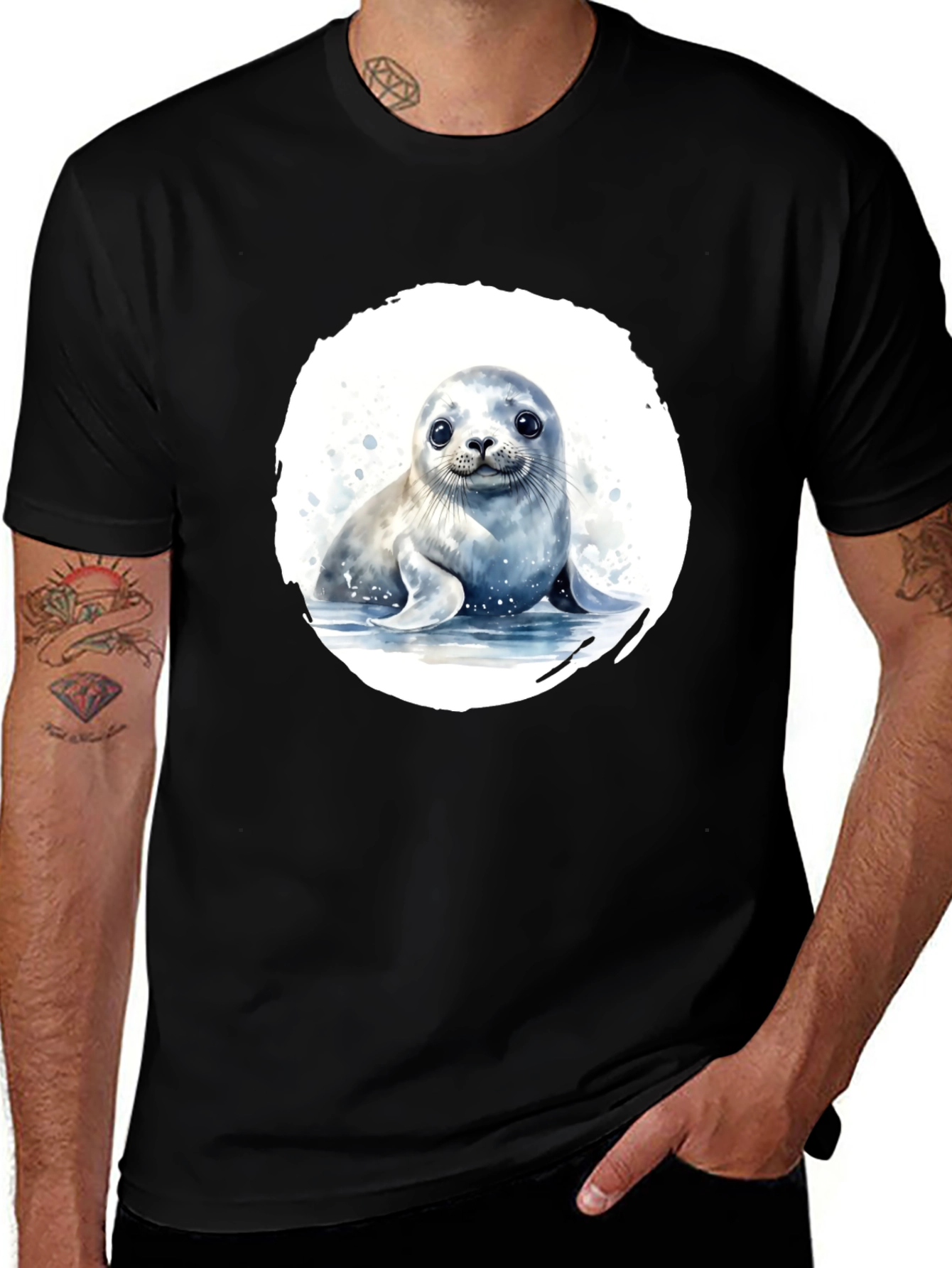 Cute Seal Graphic T-Shirt - Black