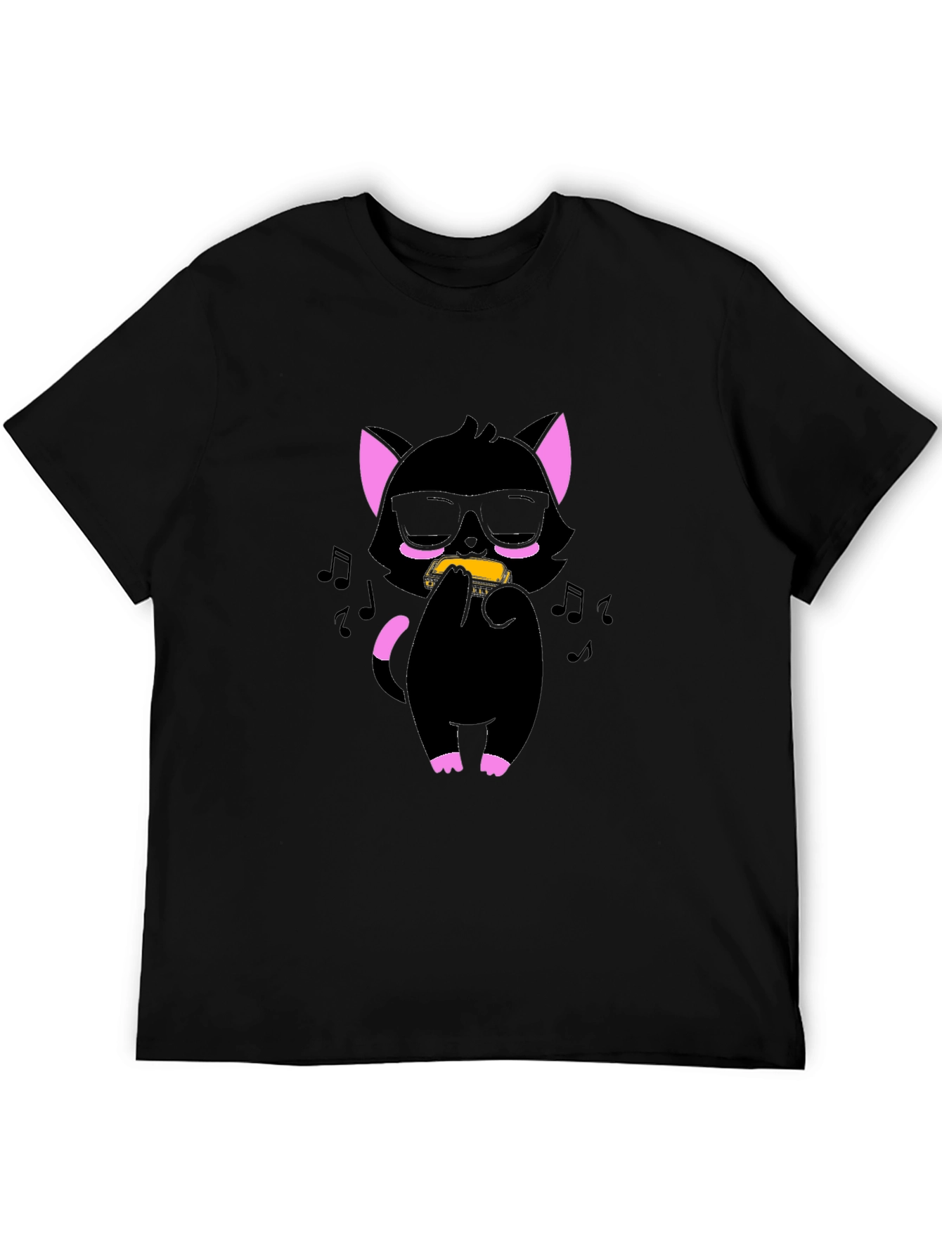 Cool Cat Harmonica T-Shirt - Black Cotton Tee