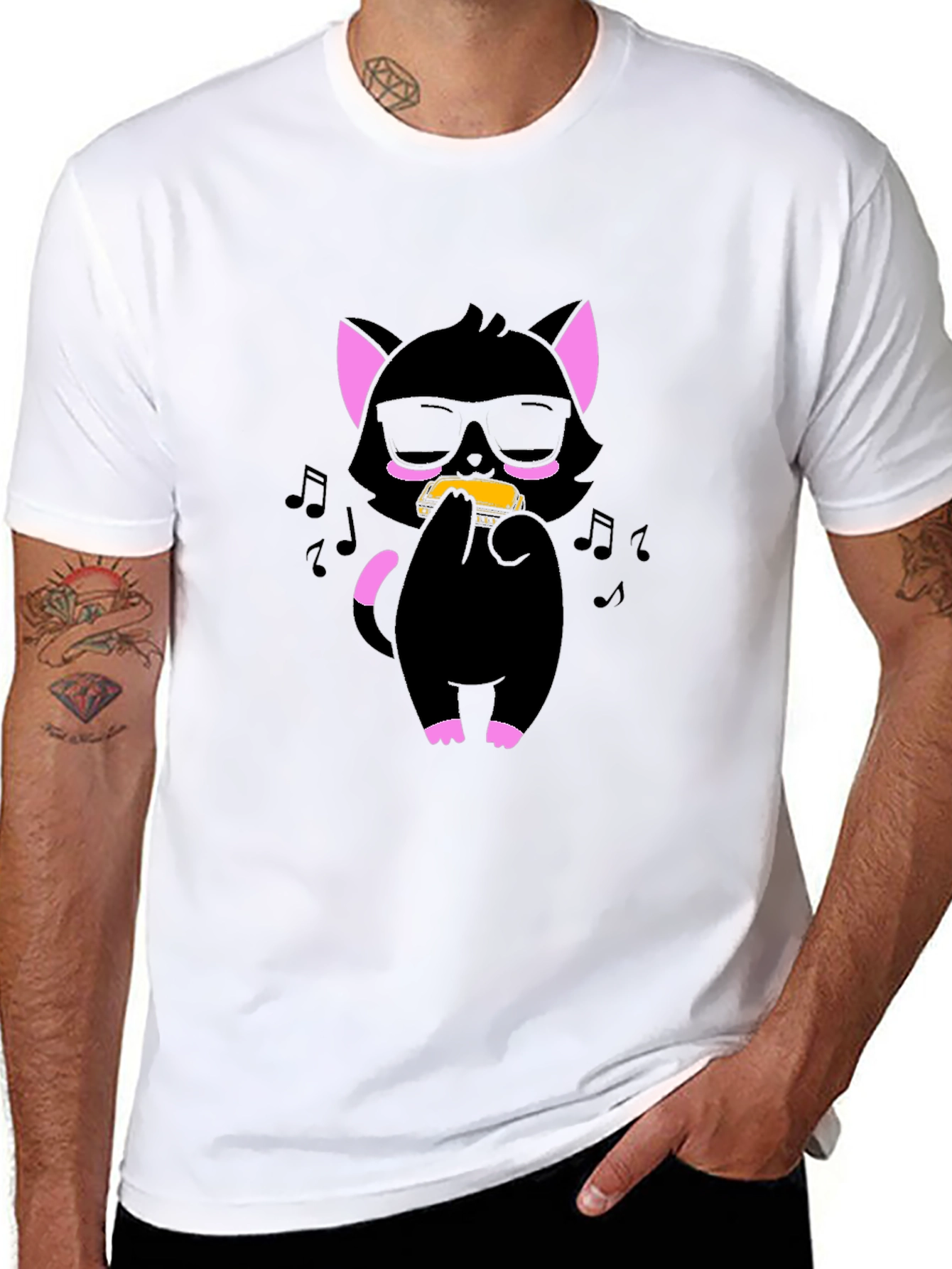 Cool Cat Harmonica T-Shirt - Black Cotton Tee