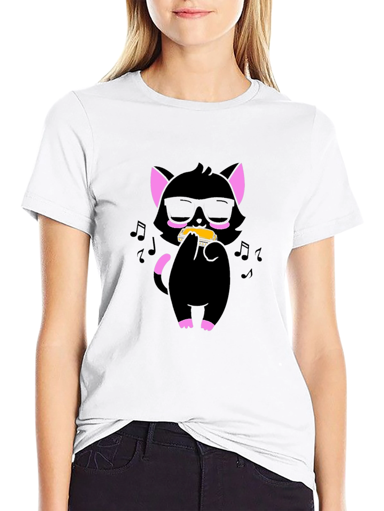 Cool Cat Harmonica T-Shirt - Black Cotton Tee
