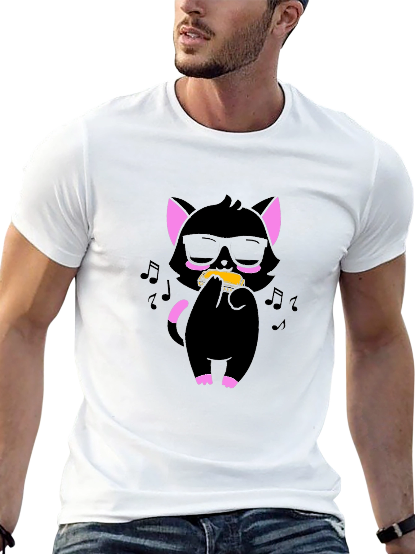 Cool Cat Harmonica T-Shirt - Black Cotton Tee