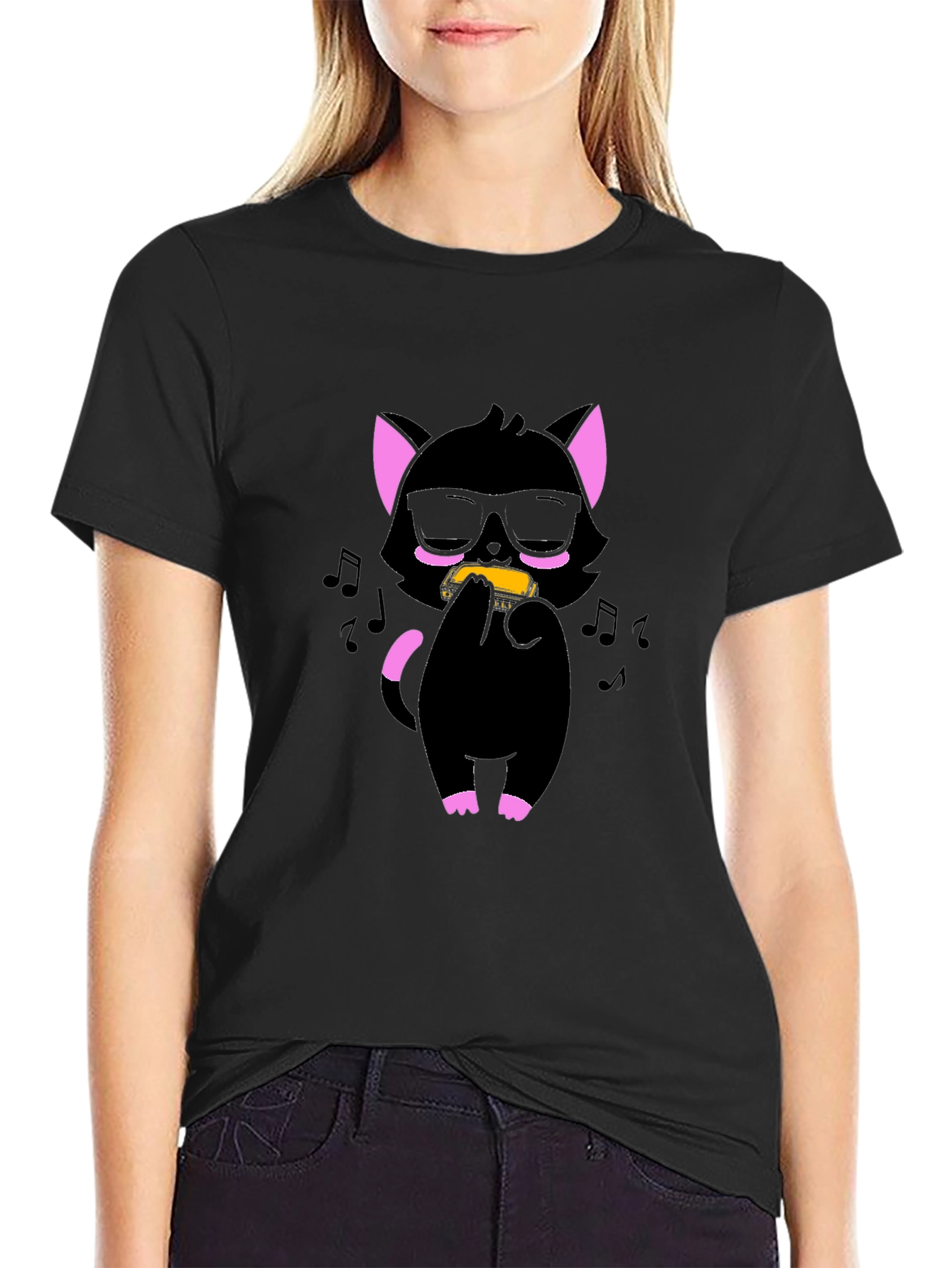 Cool Cat Harmonica T-Shirt - Black Cotton Tee