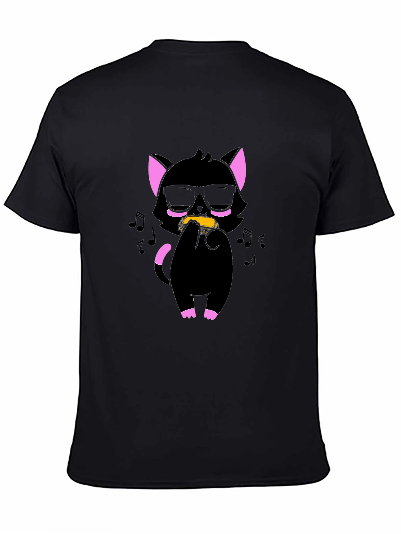 Cool Cat Harmonica T-Shirt - Black Cotton Tee