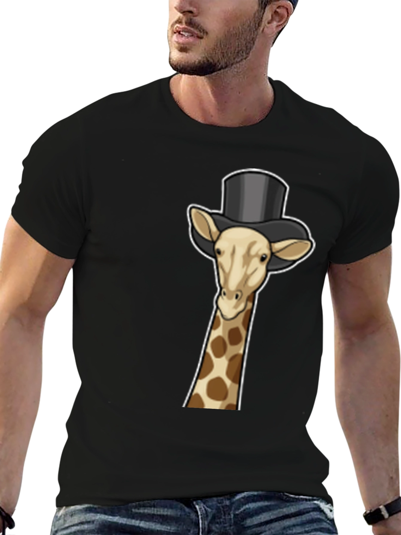 Giraffe Top Hat Graphic Tee - Black Cotton T-Shirt