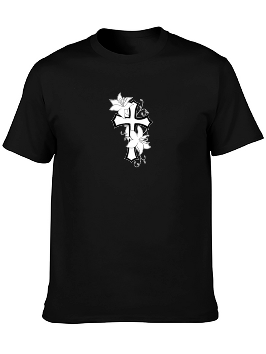 Floral Cross Graphic Black T-Shirt