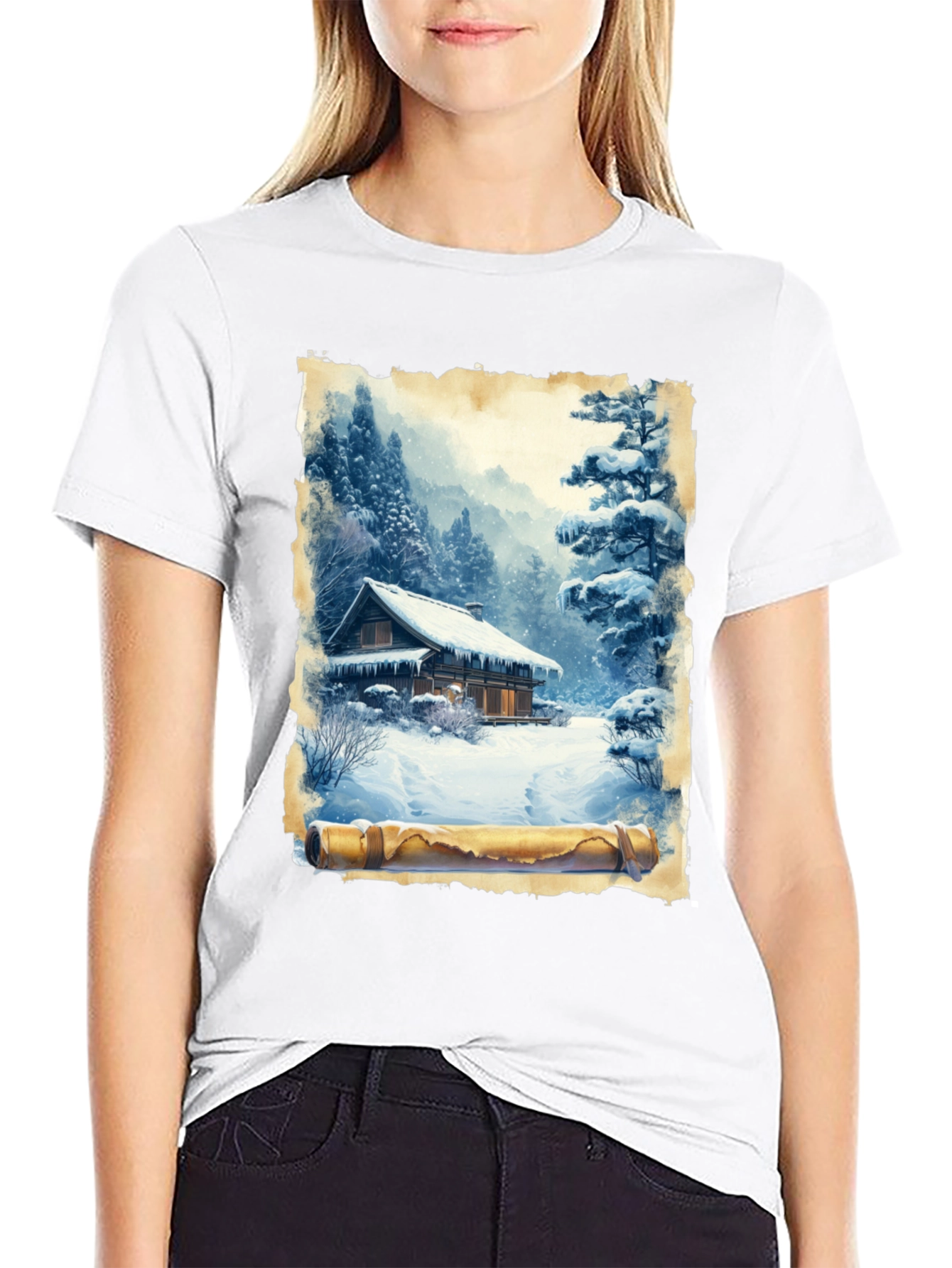 Winter Cabin Scroll Graphic T-Shirt