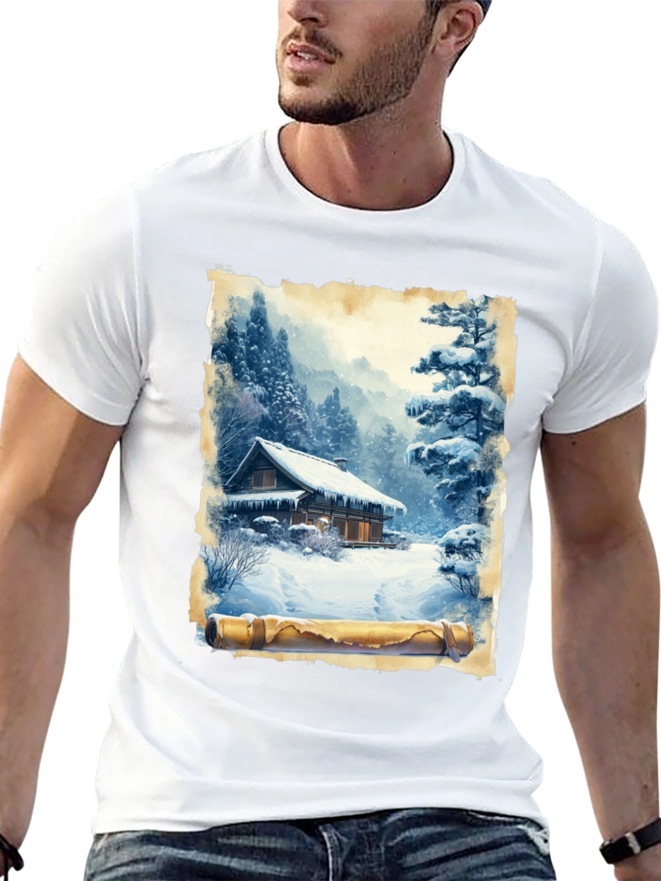 Winter Cabin Scroll Graphic T-Shirt