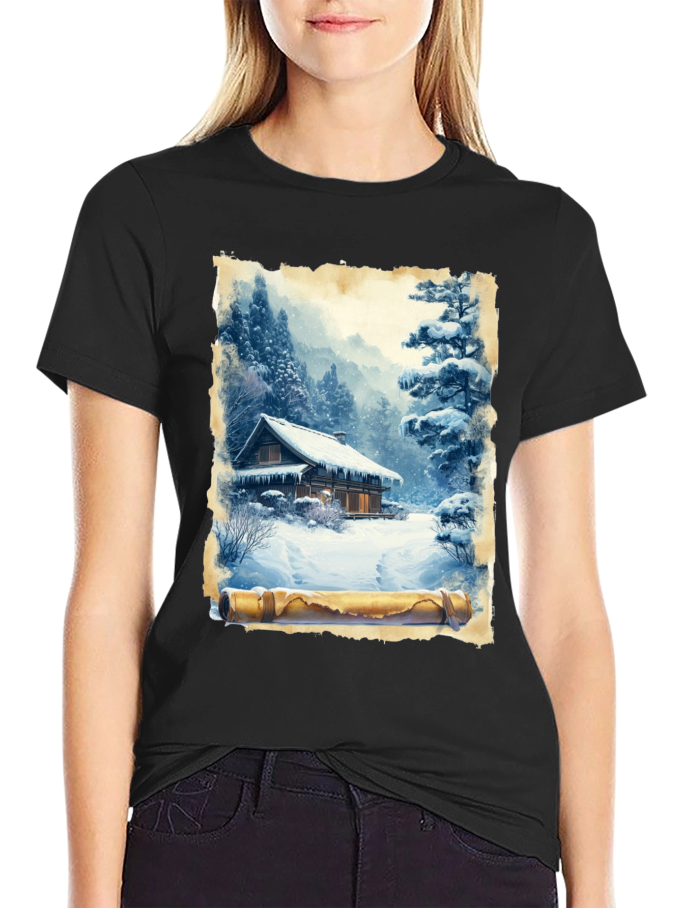 Winter Cabin Scroll Graphic T-Shirt