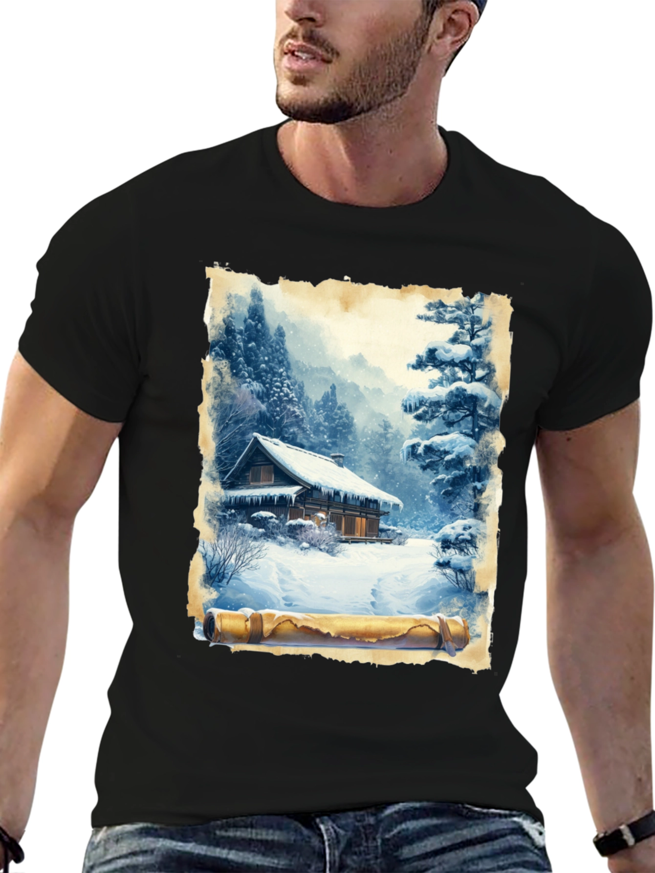 Winter Cabin Scroll Graphic T-Shirt