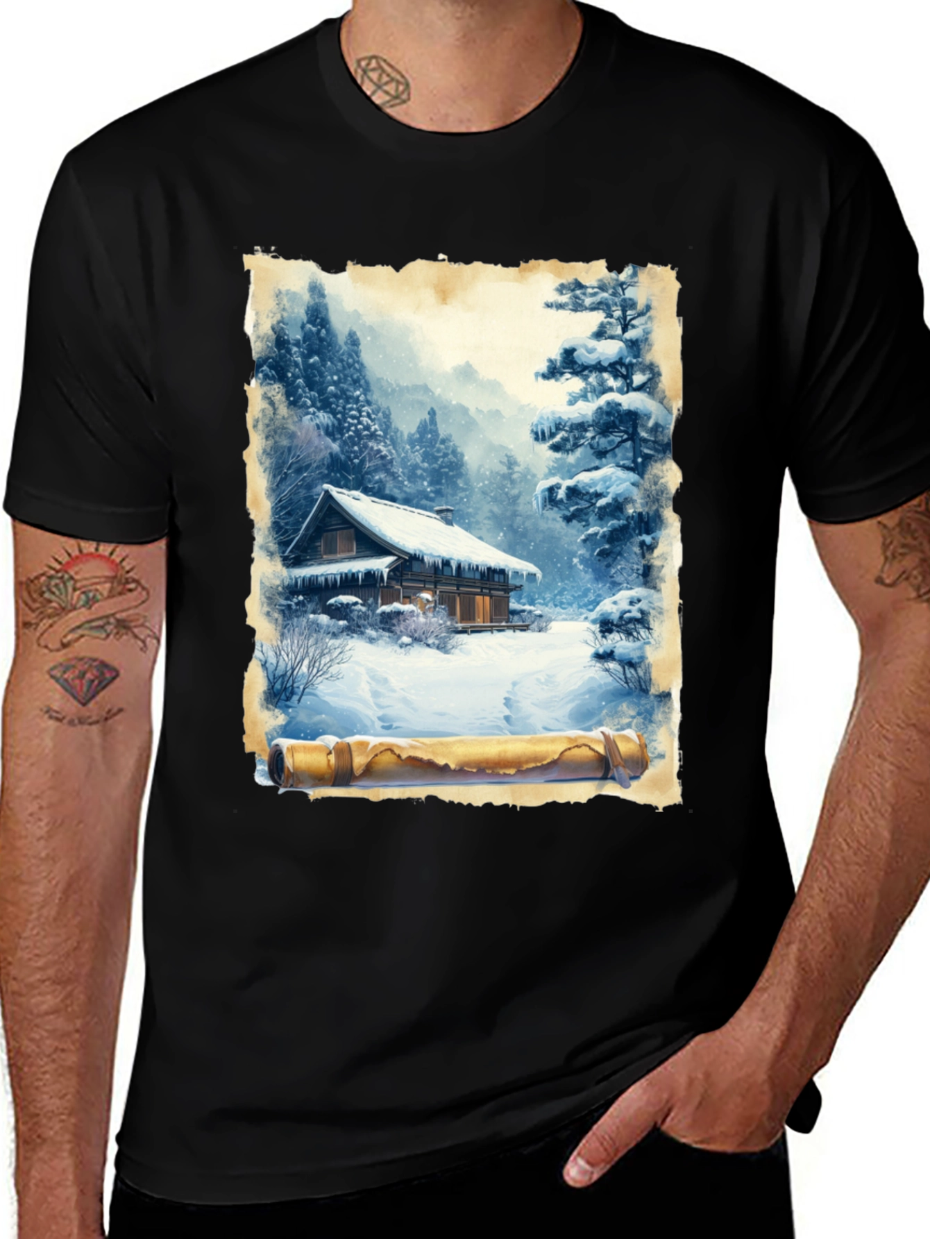 Winter Cabin Scroll Graphic T-Shirt