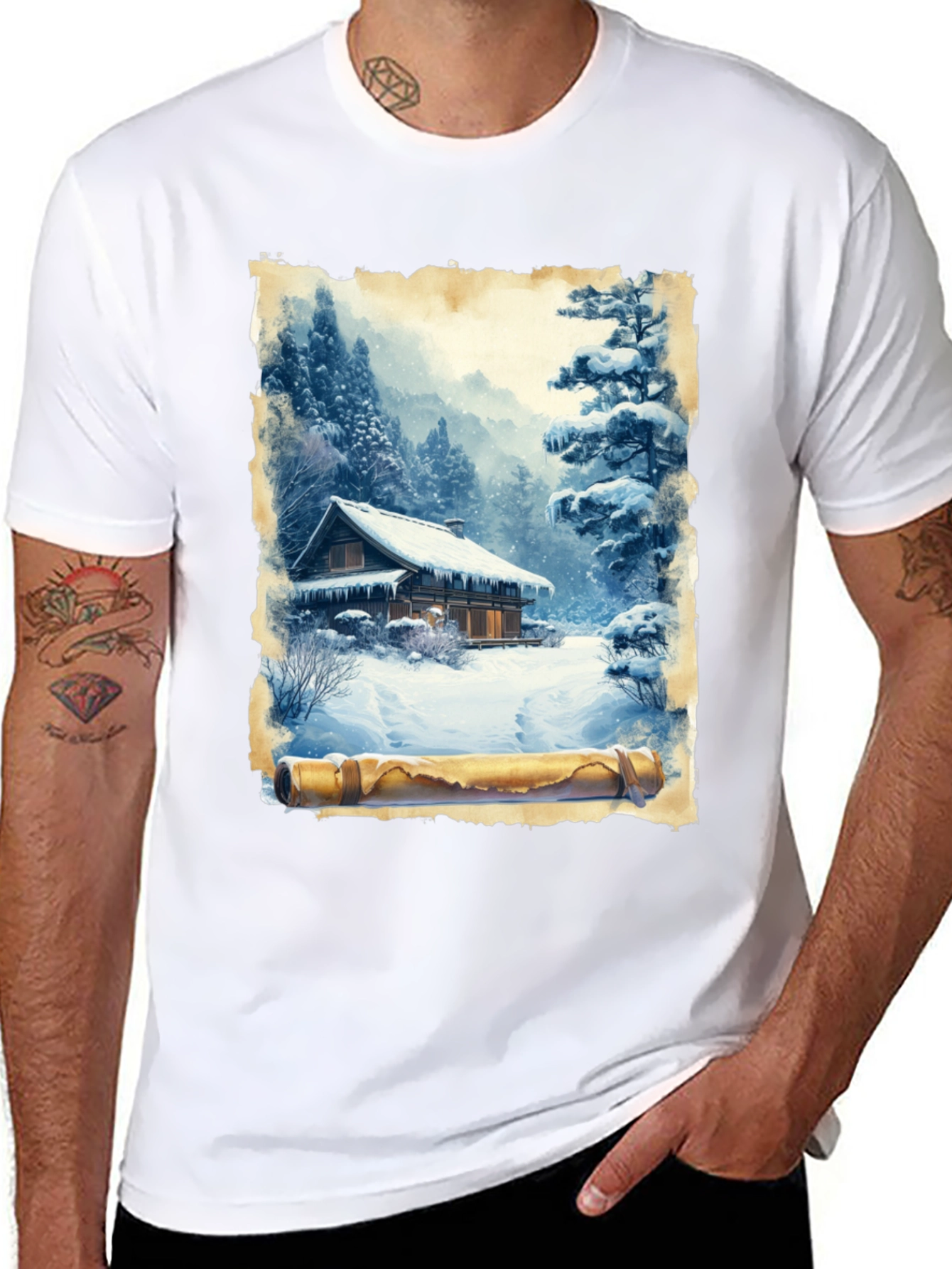 Winter Cabin Scroll Graphic T-Shirt